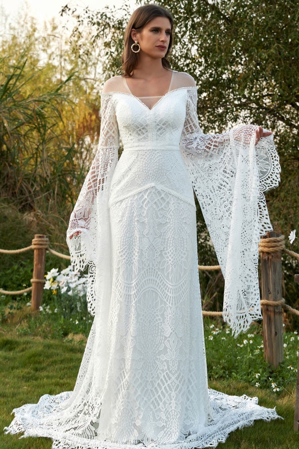 Chic & Modern Mermaid V Neck Long Brumpet Sleeves Fully Lace Sleeves Boho Wedding Dress V Back Court Train Beach Bridal Gown