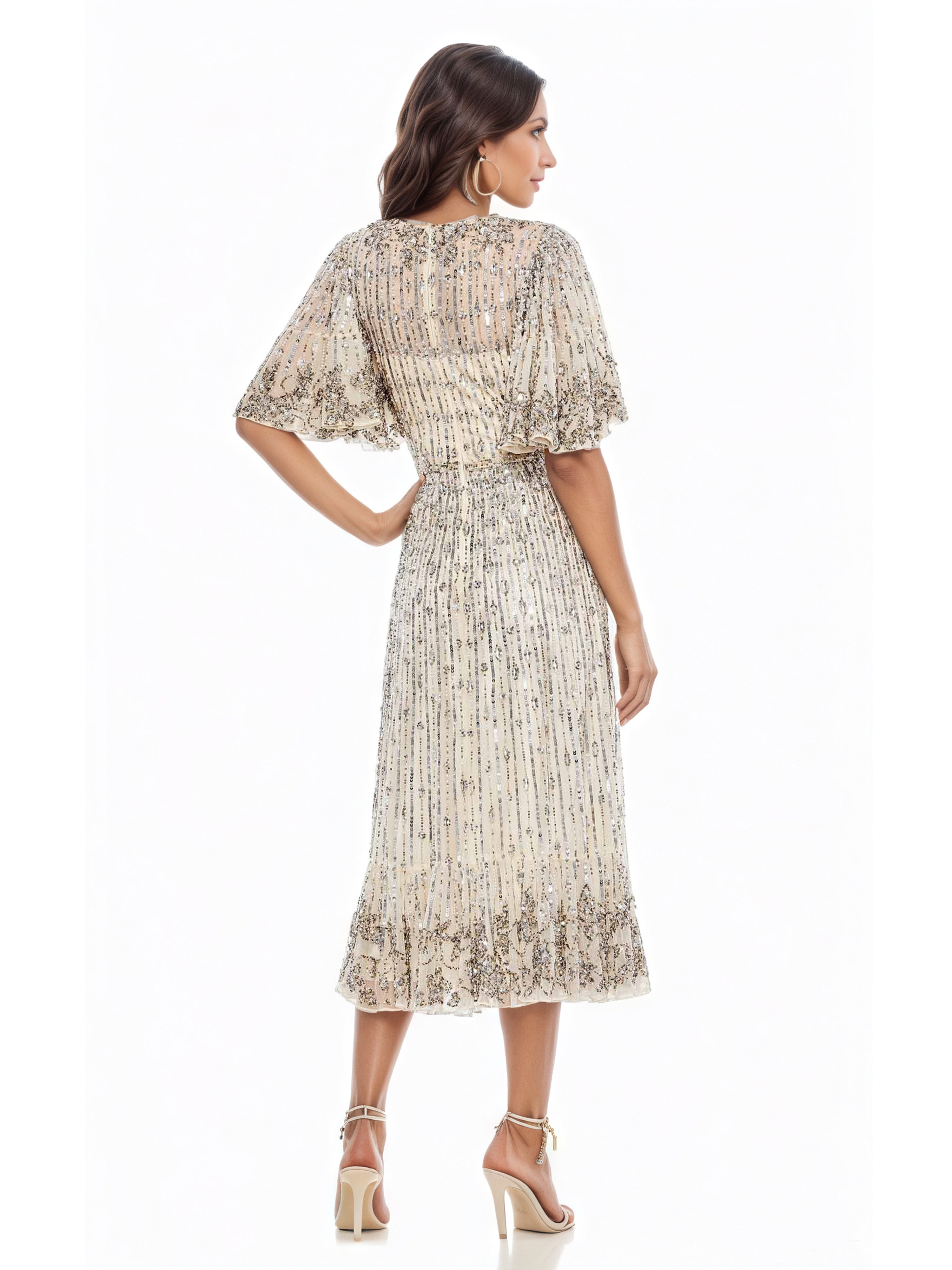 Nude Tea-Length Mother of the Bride Dress with Sequins and Flounce Sleeves