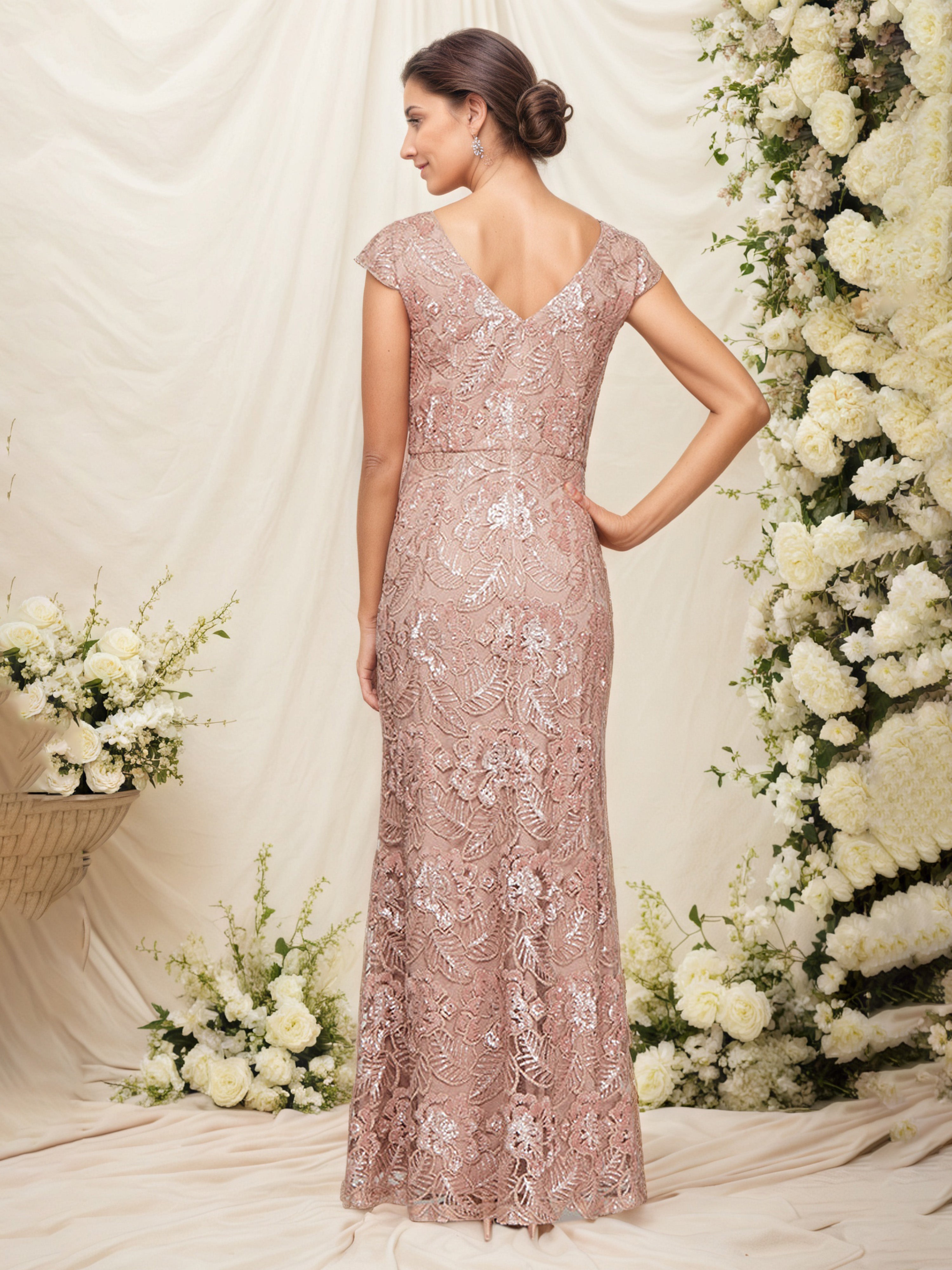 Rose Gold Sequin Embroidered Long Mother of the Bride Gown with Cap Sleeves