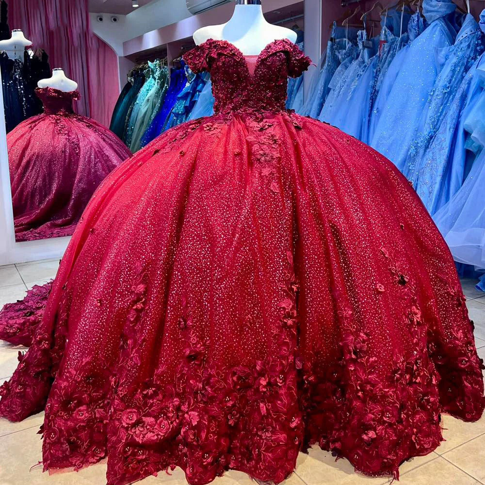 Sparkly & Glitter Ball Gown Off Shoulder Floral Appliques Red Tulle Quinceanera Dress Princess Birthday Party Gown for Sweet 16