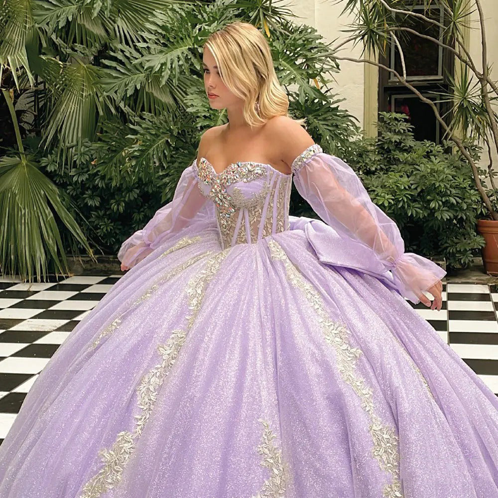 Glitter & Sparkly Ball Gown Strapless Long Sleeves Lace Appliques Beaded Bow Knot Lilac Tulle Princess Evening Party Gown Quinceanera Dress for Sweet 16