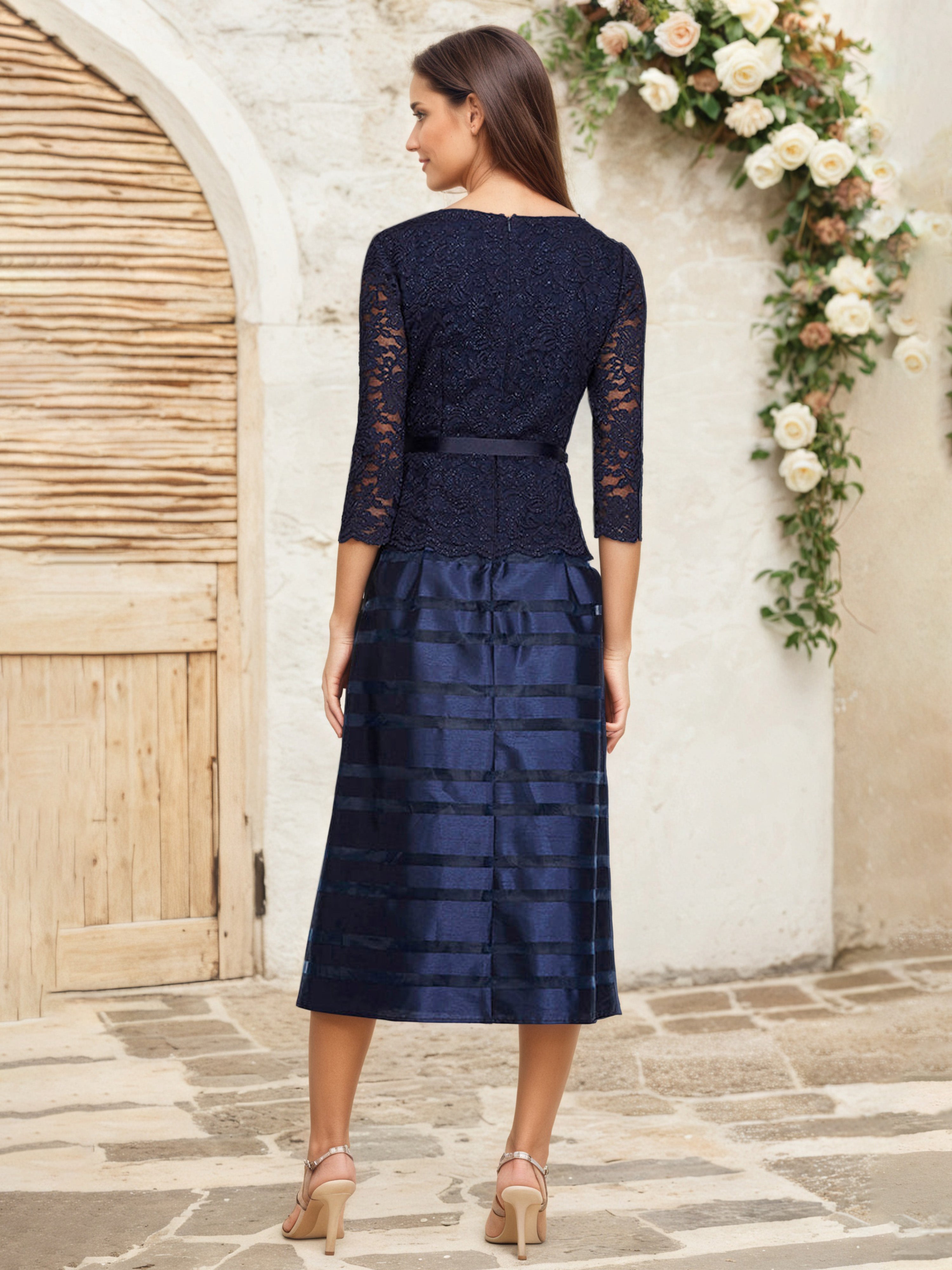 Dark Navy A Line Lace Top Illusion 3/4 Sleeves Mother Of The Bride Dress