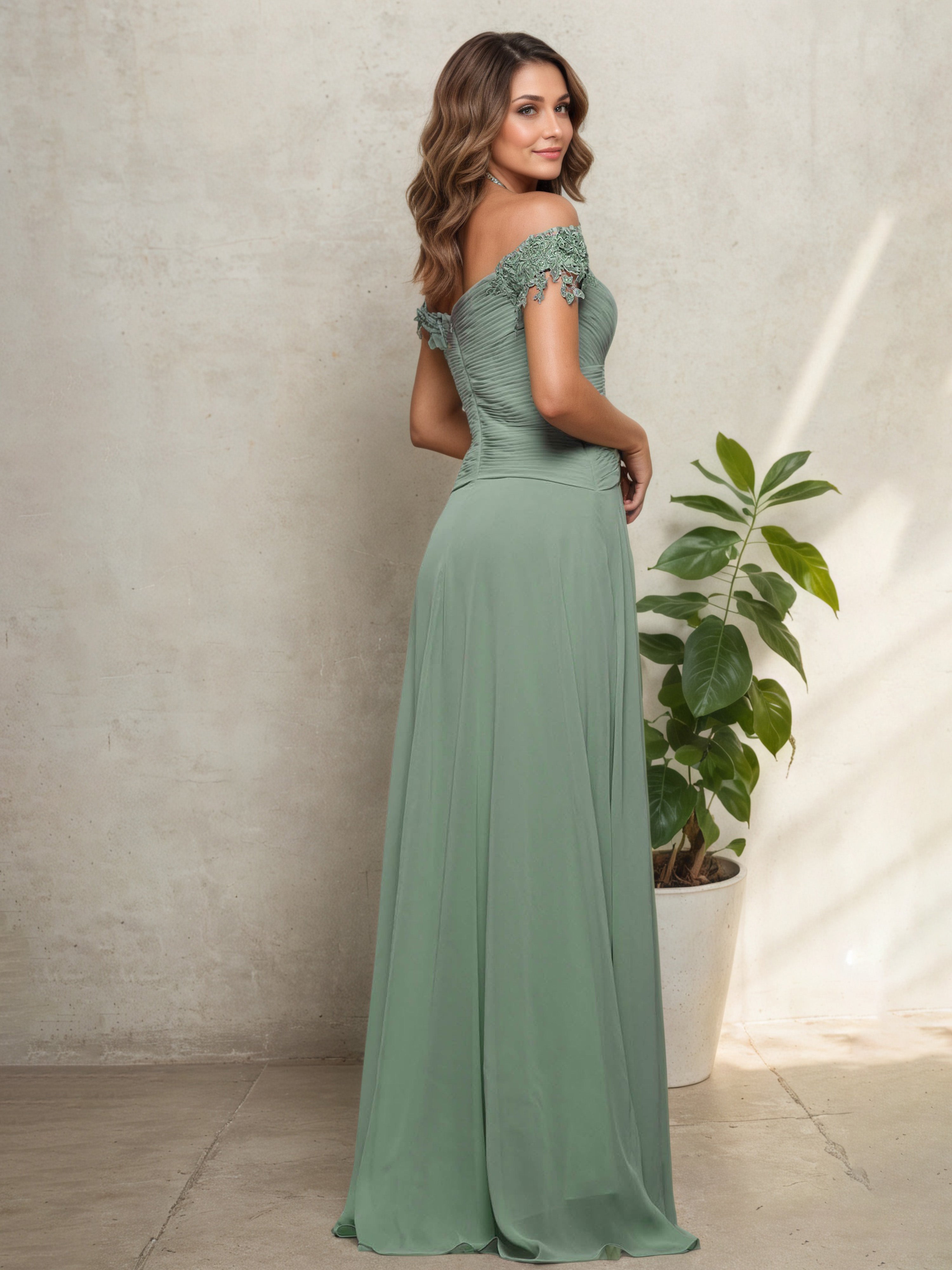 Off-the-Shoulder Dusty Sage Mother of the Bride Dress with Pleated Design