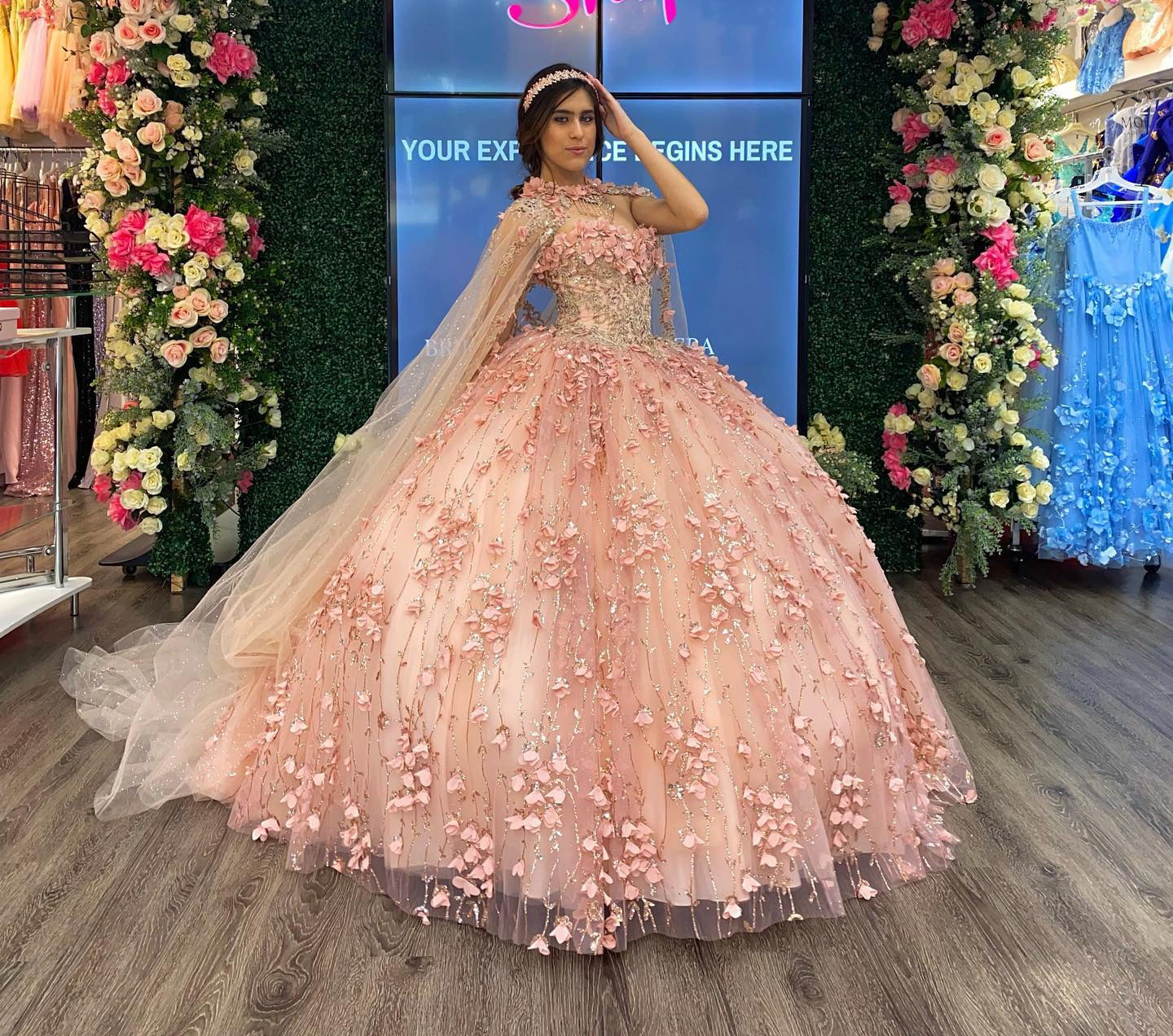 Cute & Chic Ball Gown Strapless Cape 3D Floral Appliques Beaded Rose Pink Tulle Quinceanera Dress for Sweet 16
