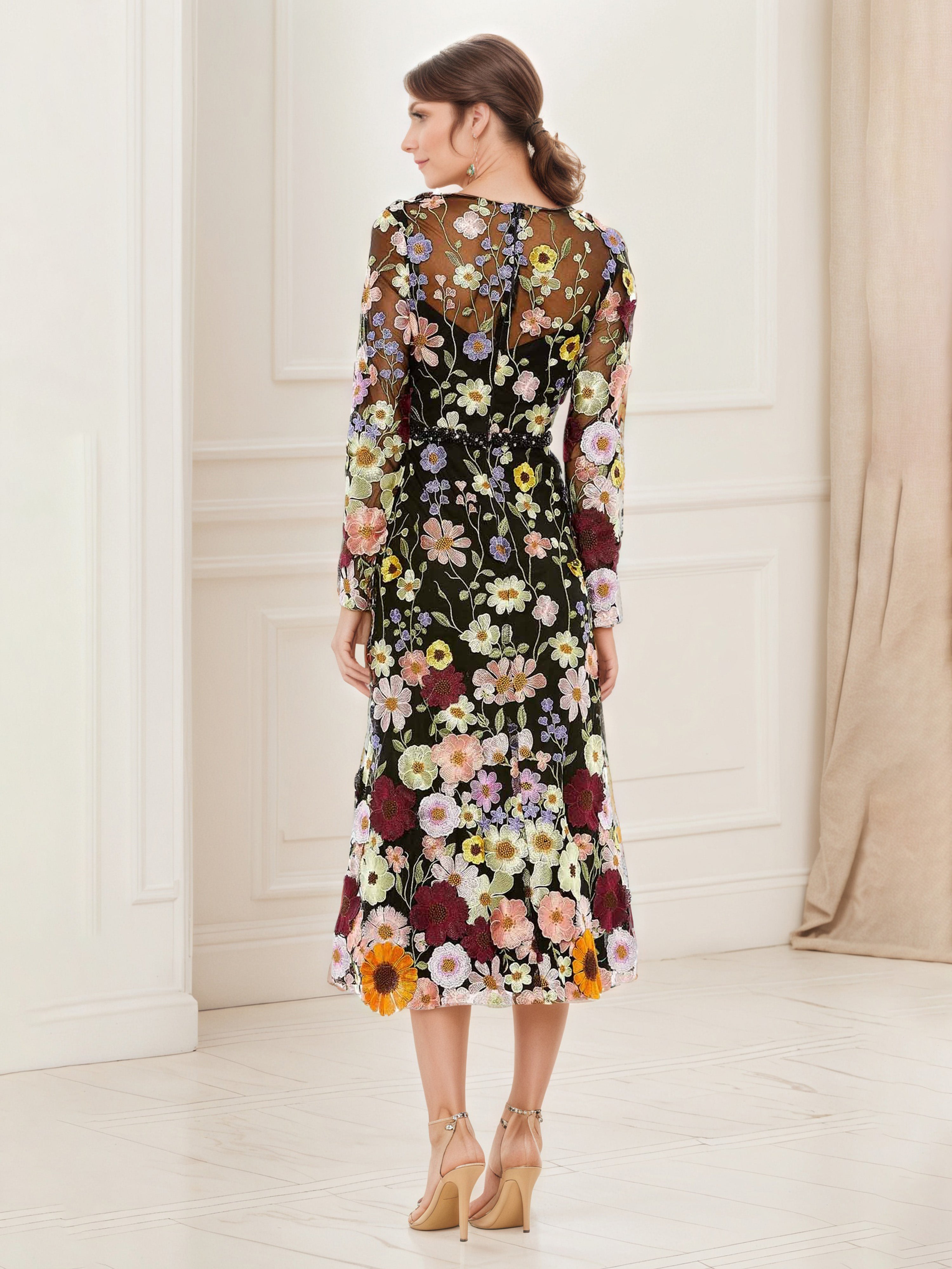 Black Tea-Length Mother of the Bride Dress with Floral Embroidered Details
