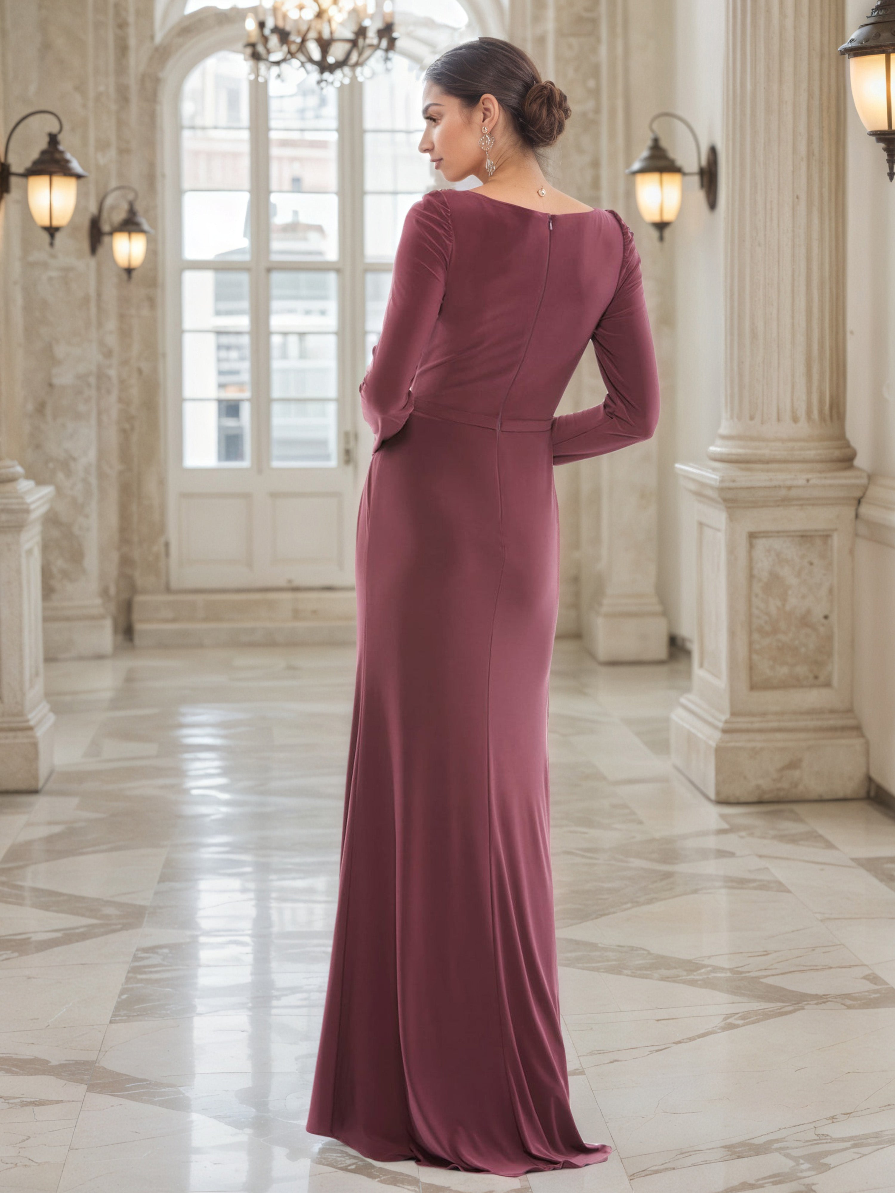 Cinnamon Rose Sheath Mother of the Bride Dress with Embellished Shoulders and Long Sleeves