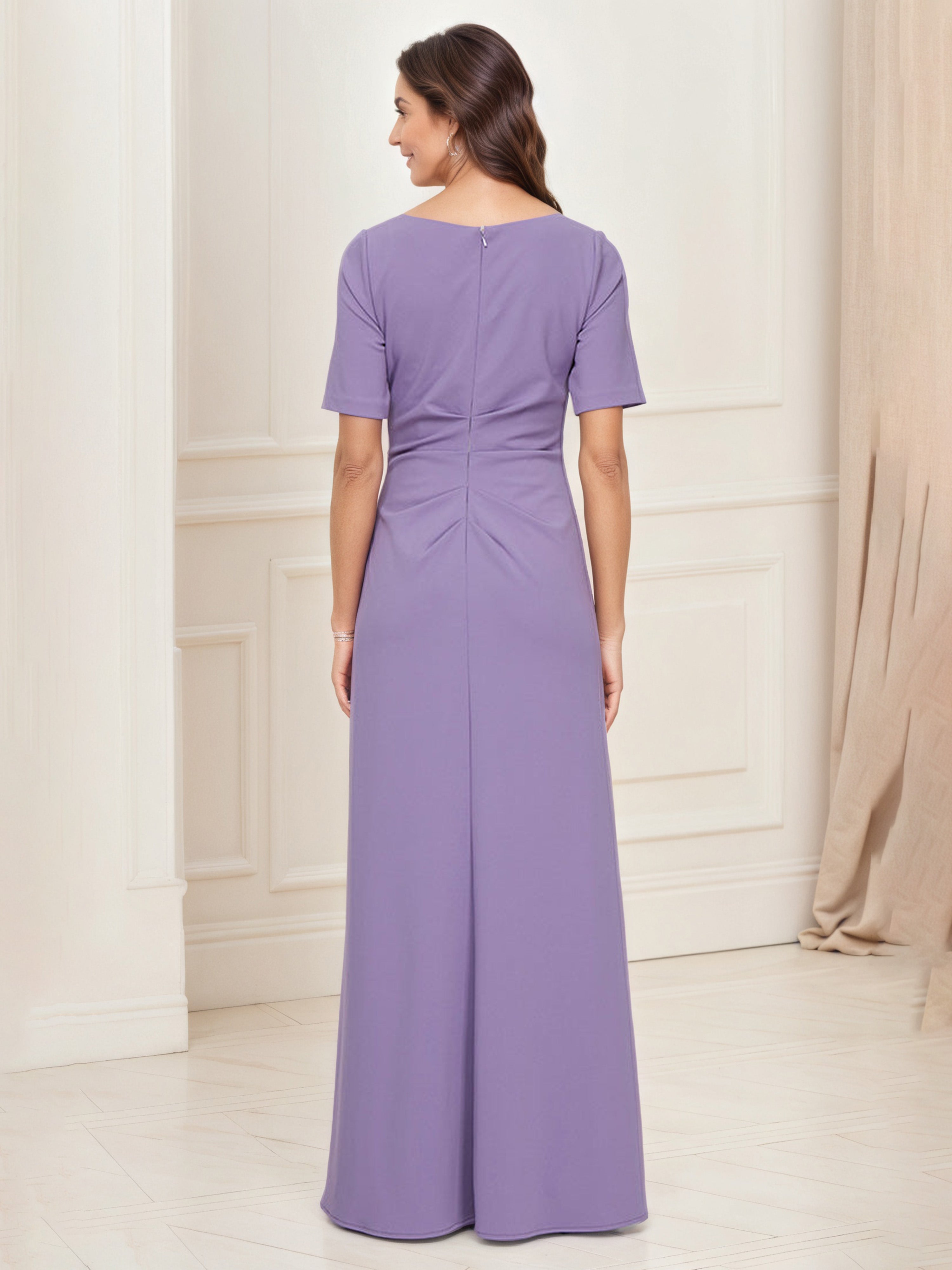 Tahiti Sheath Square Neck Ruched Long Mother of the Bride Dress with Slit