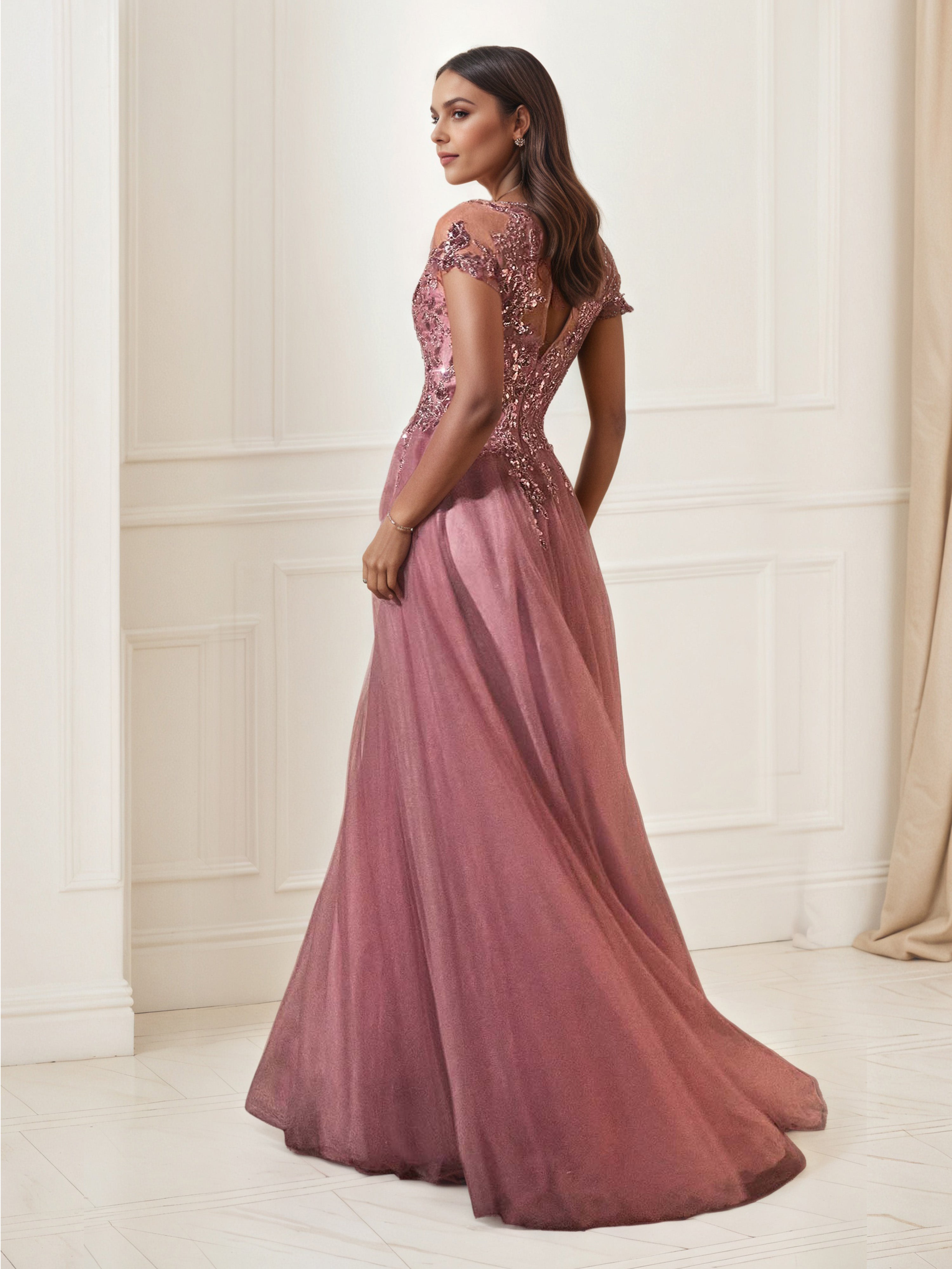 Dusty Rose Tulle Mother of the Bride Dress with Sparkly Sequin Appliques and a V-Neckline