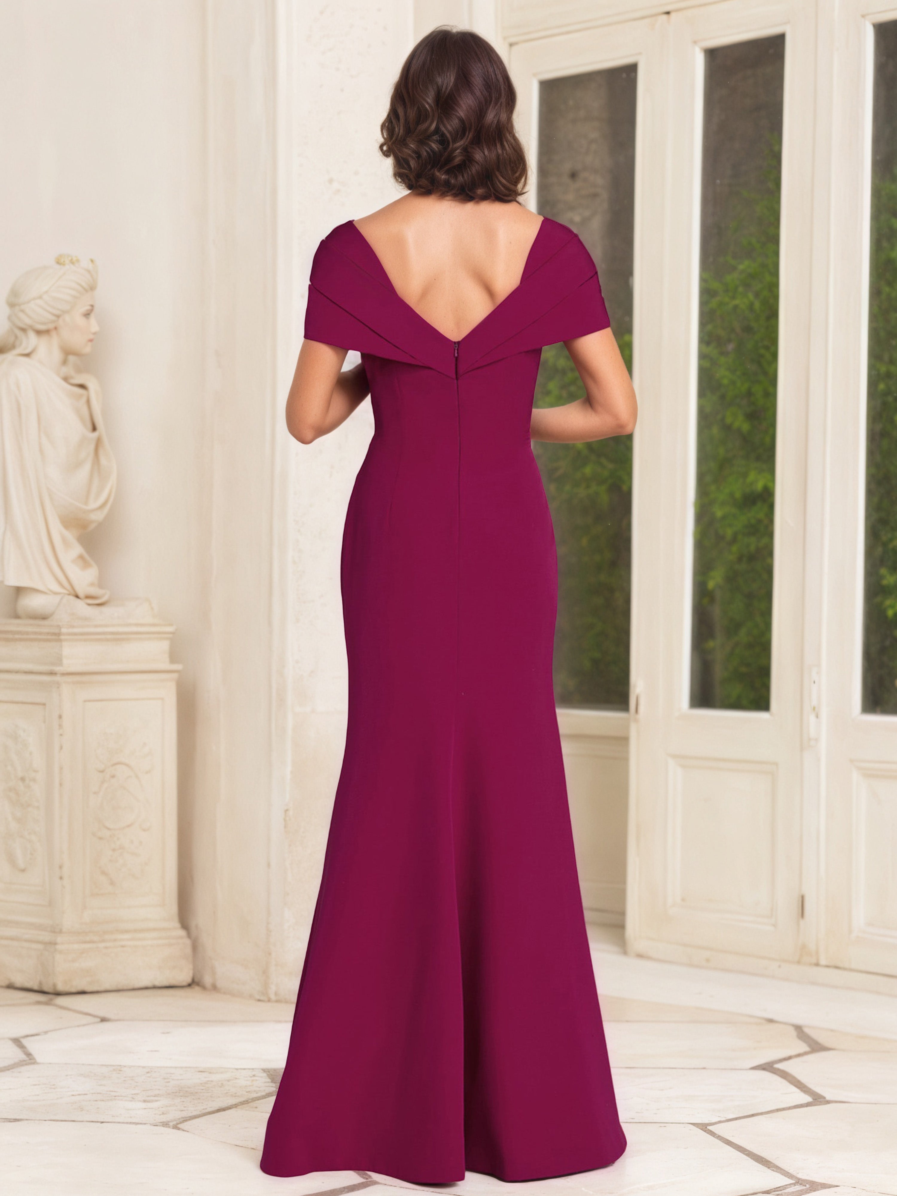 Mulberry Pleated Sheath Mother of the Bride Dress with Cap Sleeves