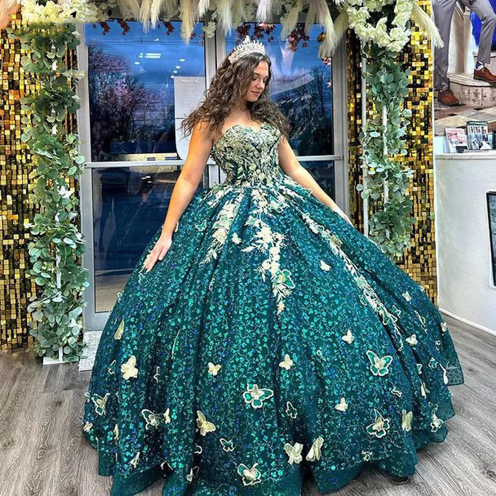 Elegant & Luxury Ball Sweetheart Gown 3D Gold Butterfly Lace Appliques Sequined Beaded Hunter Green Tulle Quinceanera Dress for Sweet 16