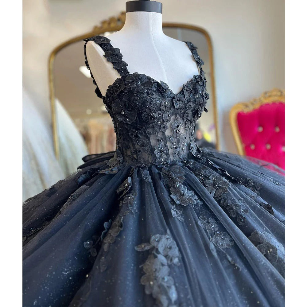 Elegant & Gorgeous Ball Gown Sweetheart Neck Straps 3D Flower Appliques Beaded Navy Blue Tulle Quinceanera Dress Princess Birthday Party Dress for Sweet 16