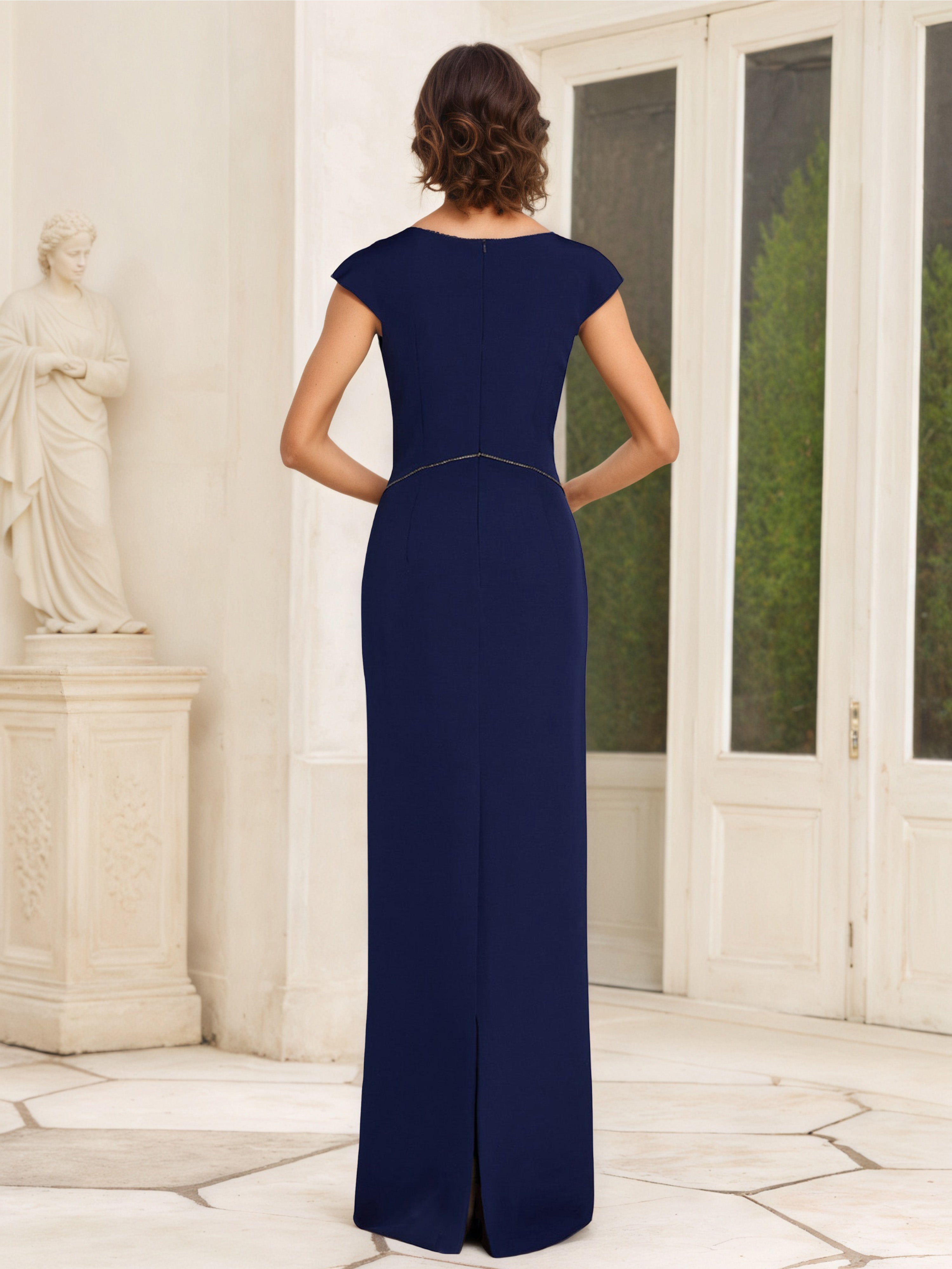 Sheath Mother of the Bride Dress with V-Neckline, Cap Sleeves and Decorative Bowknot