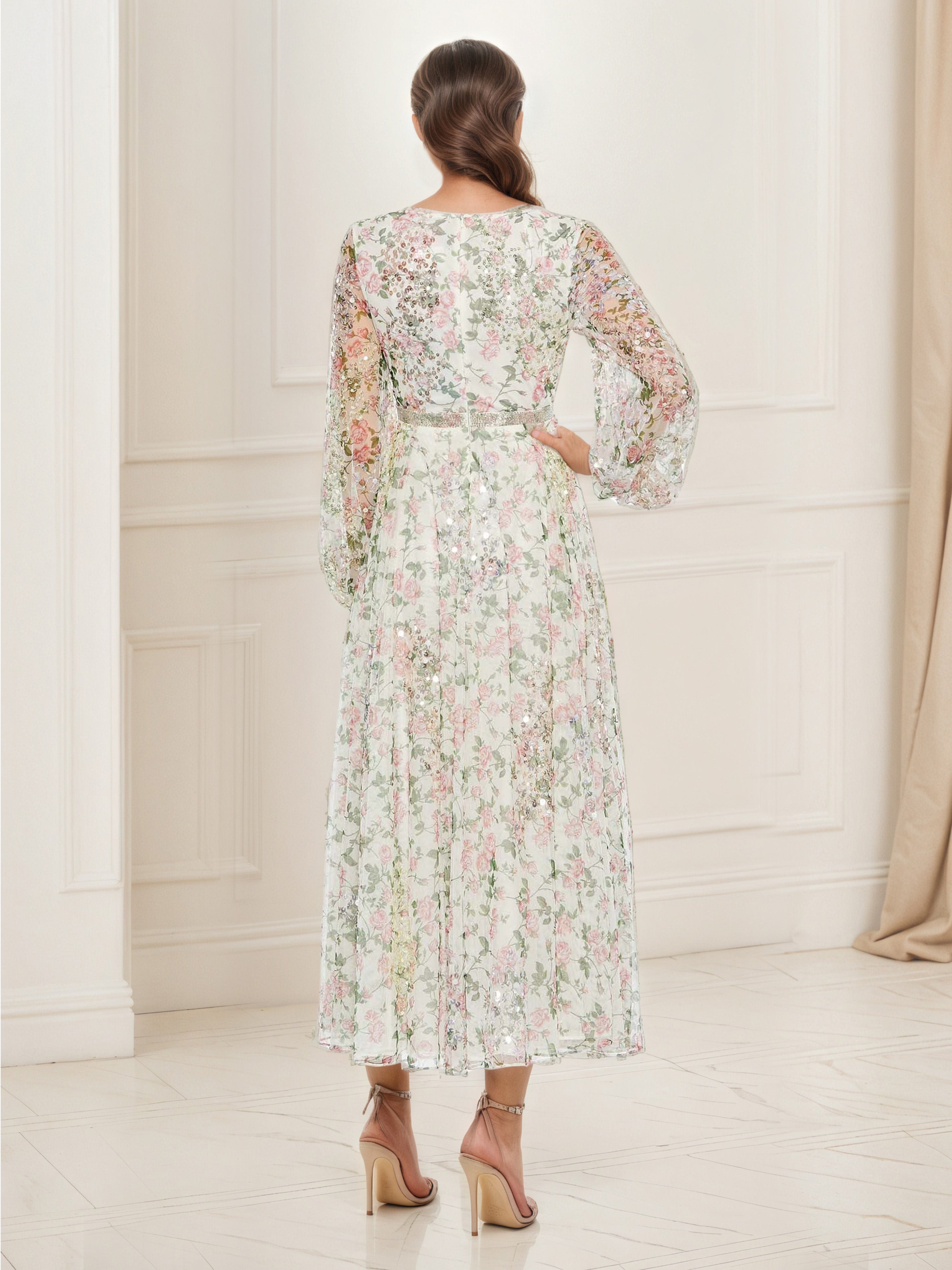 Ivory A-Line Tulle Mother of the Bride Dress with Floral Details, Long Sleeves and a Deep V-Neckline