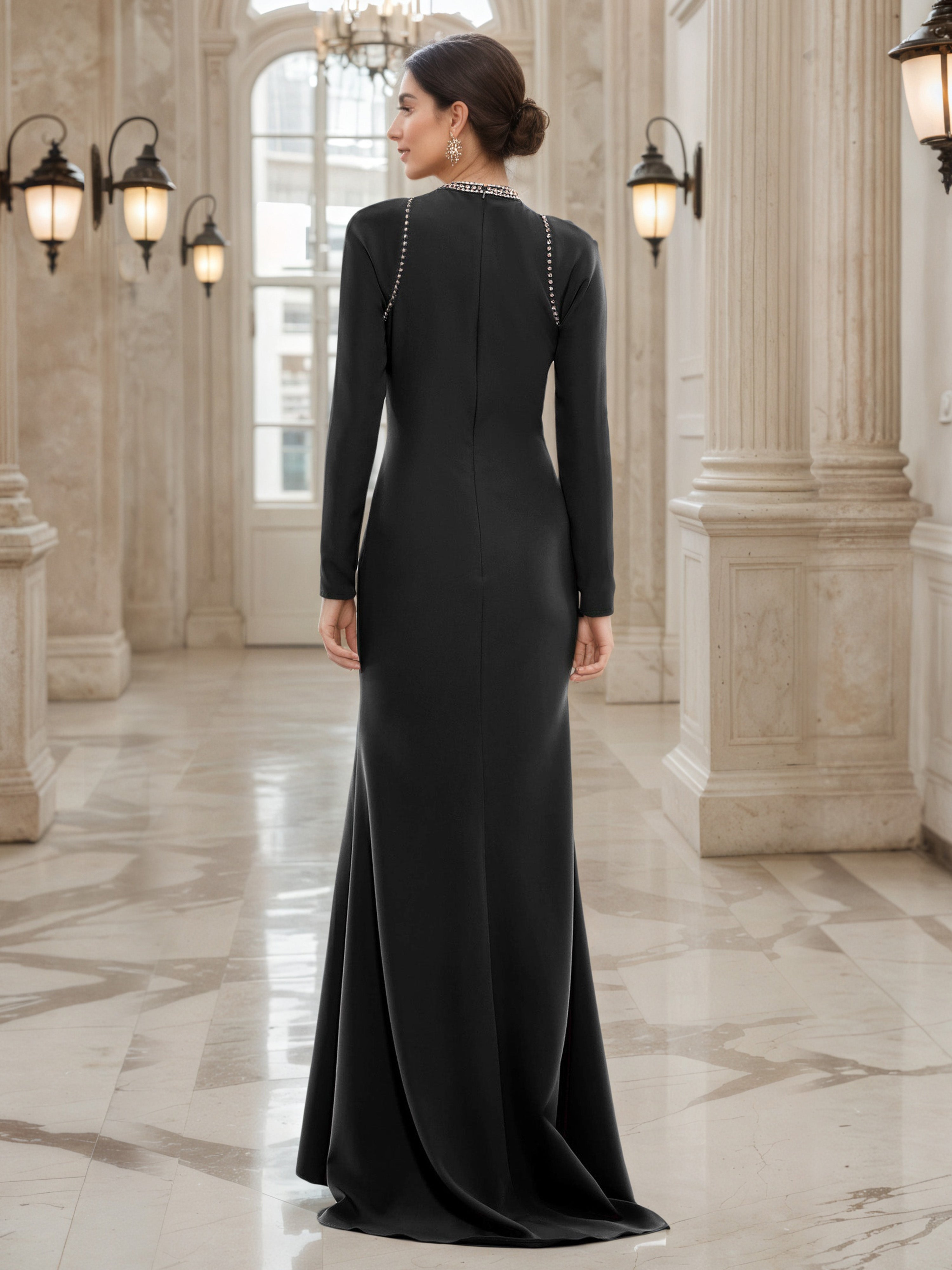Black Sheath Mother of the Bride Gown with Long Sleeves and a Beaded Neckline