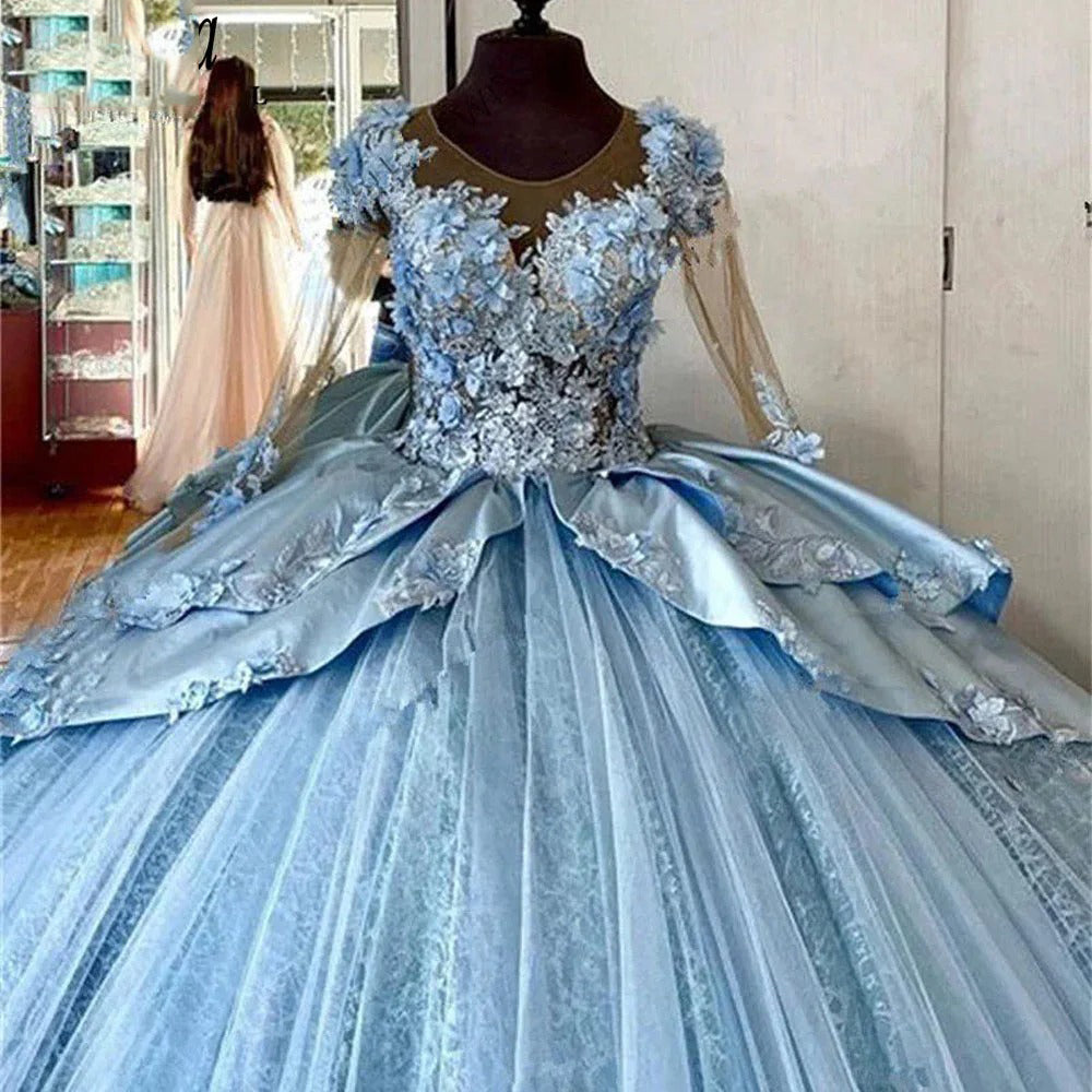 Modern & Chic Ball Gown Scoop Neck Long Sleeves 3D Flower Lace Applique Beaded Tiered Blue Tulle Quinceanera Dress Princess Party Gown for Sweet 16