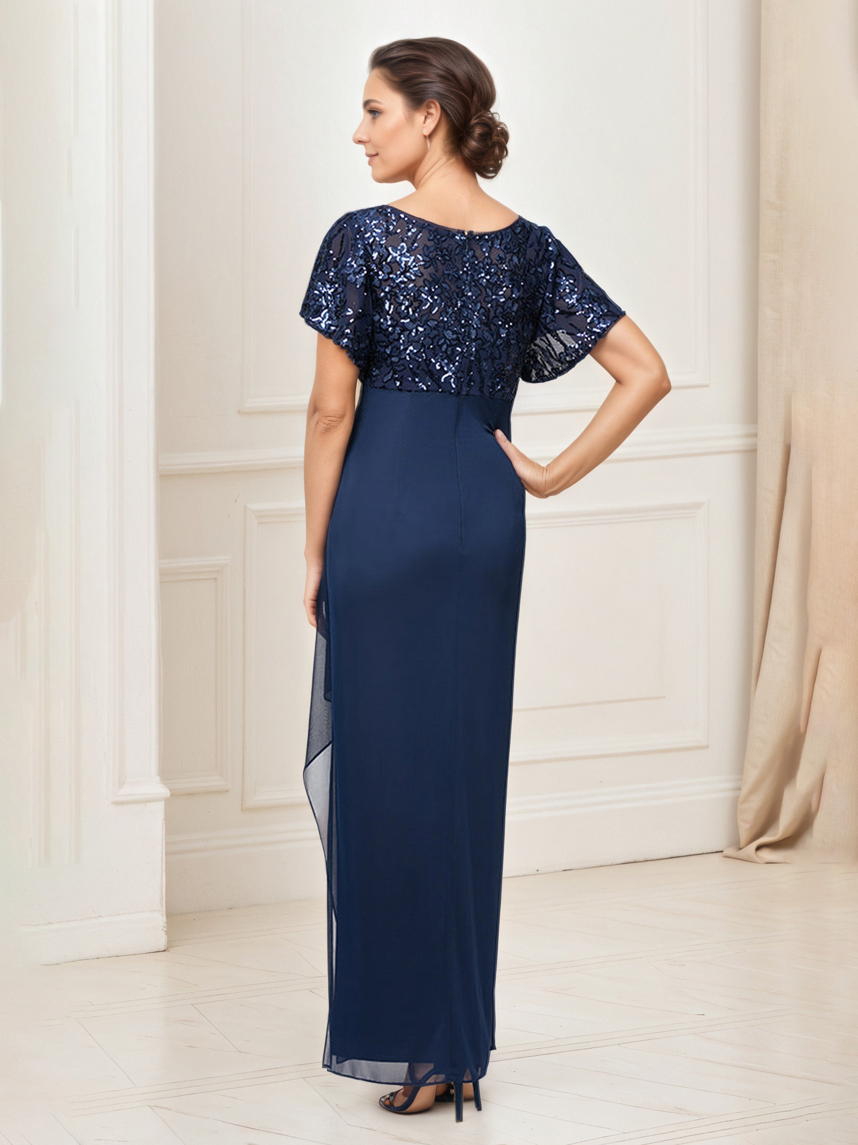 Dark Navy Chiffon Mother of the Bride Dress with Embroidered Sequin Bodice and Empire Waist