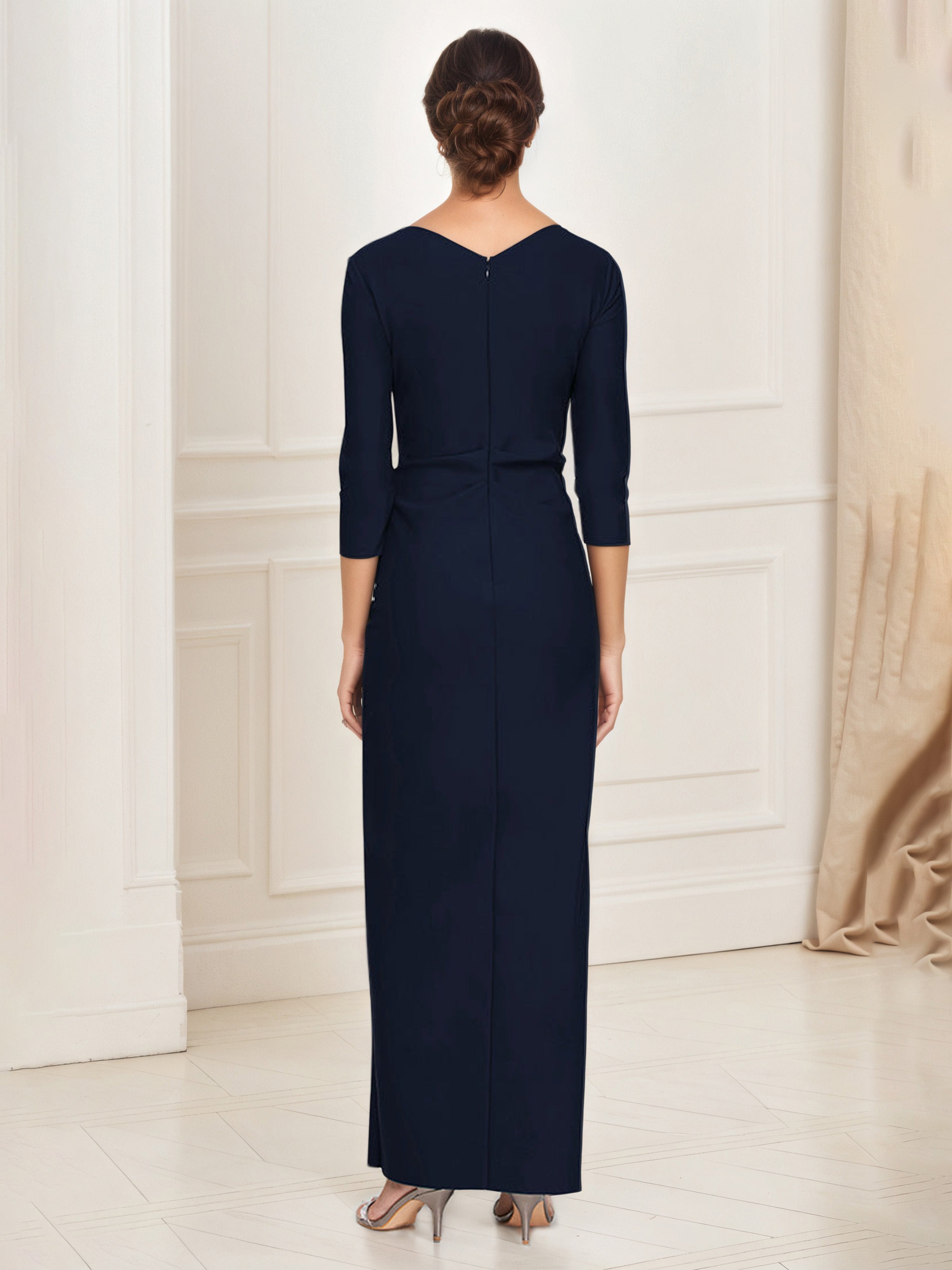 Dark Navy V-Neck Ruched Long Sheath Mother of the Bride Dress with 3/4-Length Sleeves
