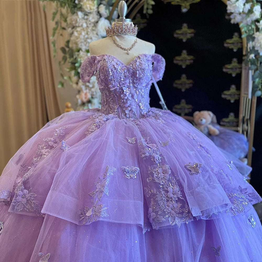 Luxury Ball Gown Off Shoulder Sleeveless Tiered 3D Butterfly Appliques Purple Tulle Quinceanera Dress for Sweet 16