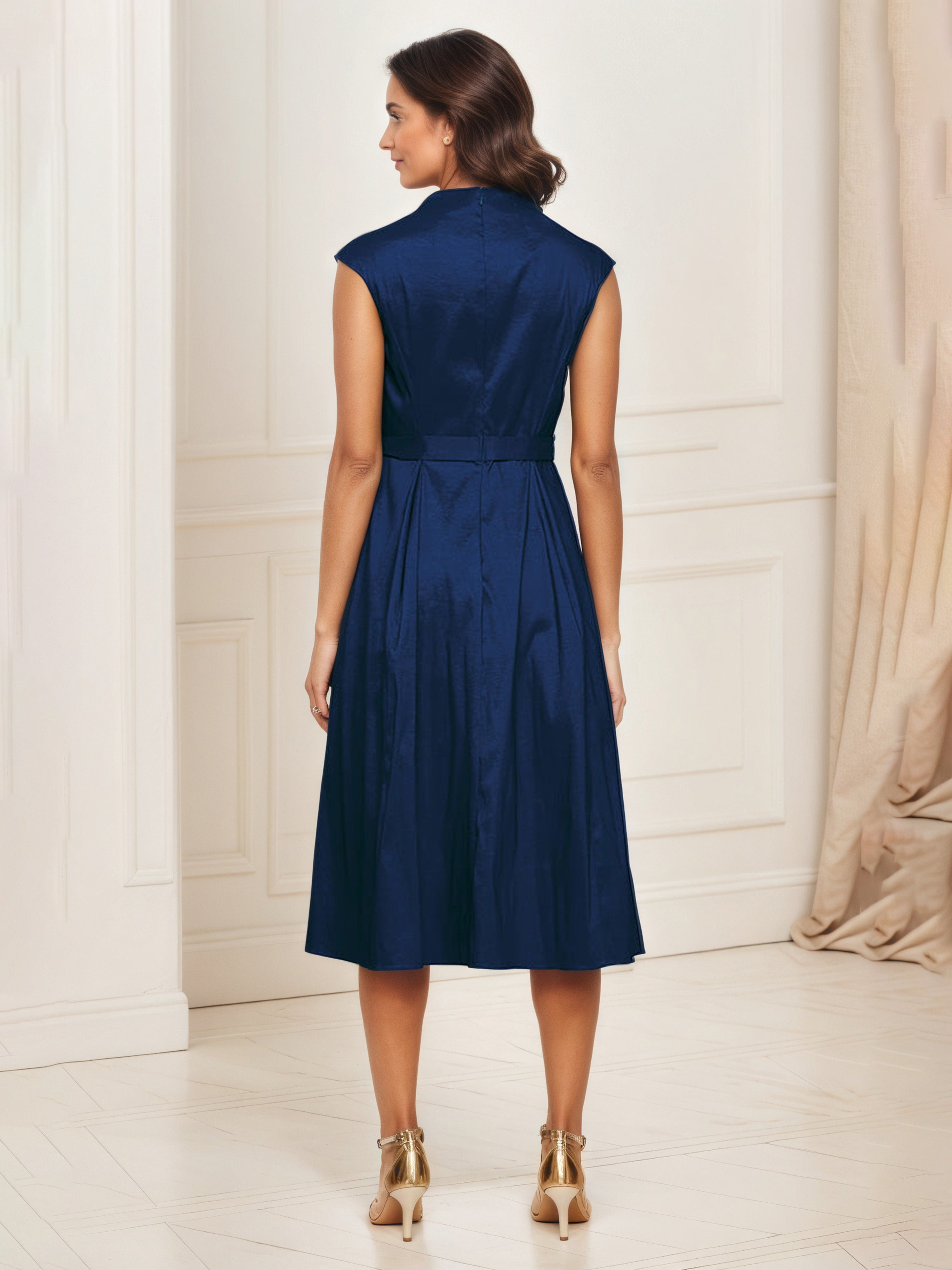 Dark Navy A-Line V-Neck Tea-Length Mother of the Bride Dress with Tie Waist