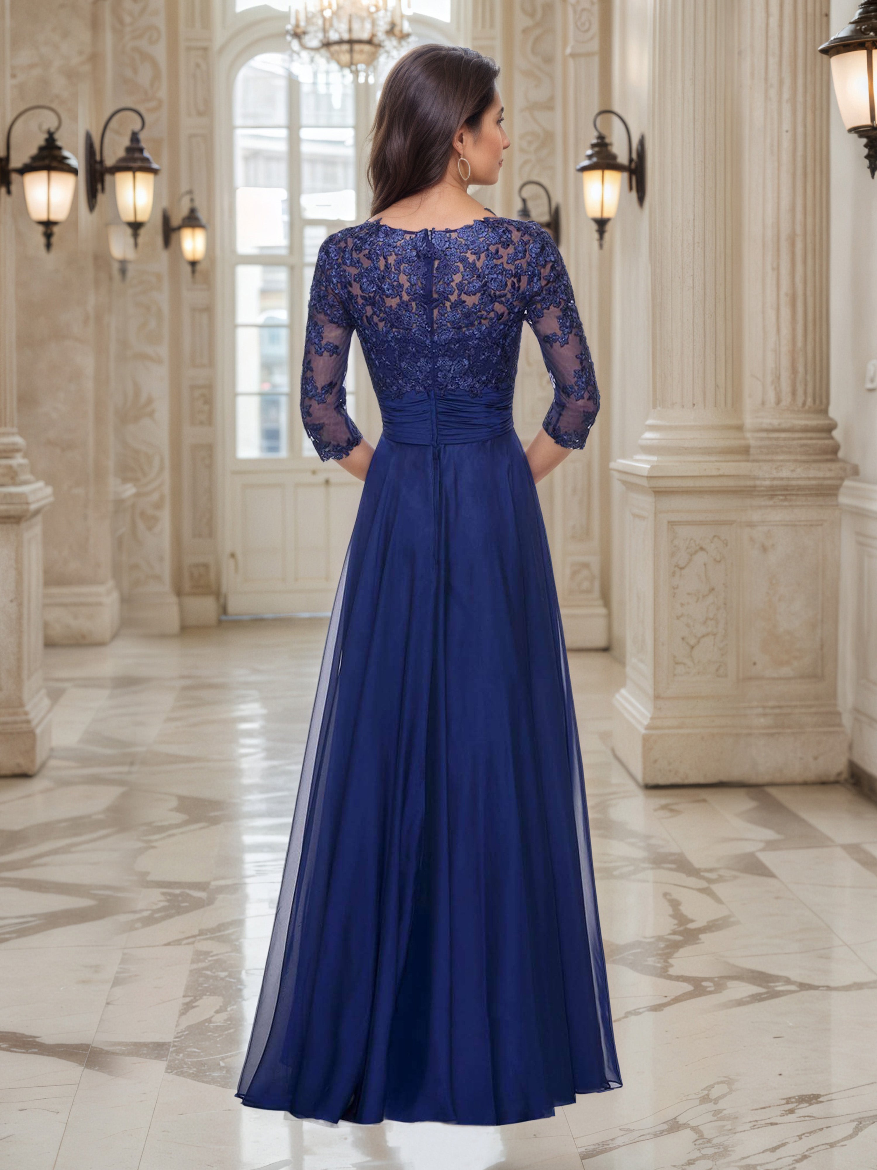 Navy Blue A-Line Mother of the Bride Dress with 3/4 Lace Sleeves and a V-Neckline