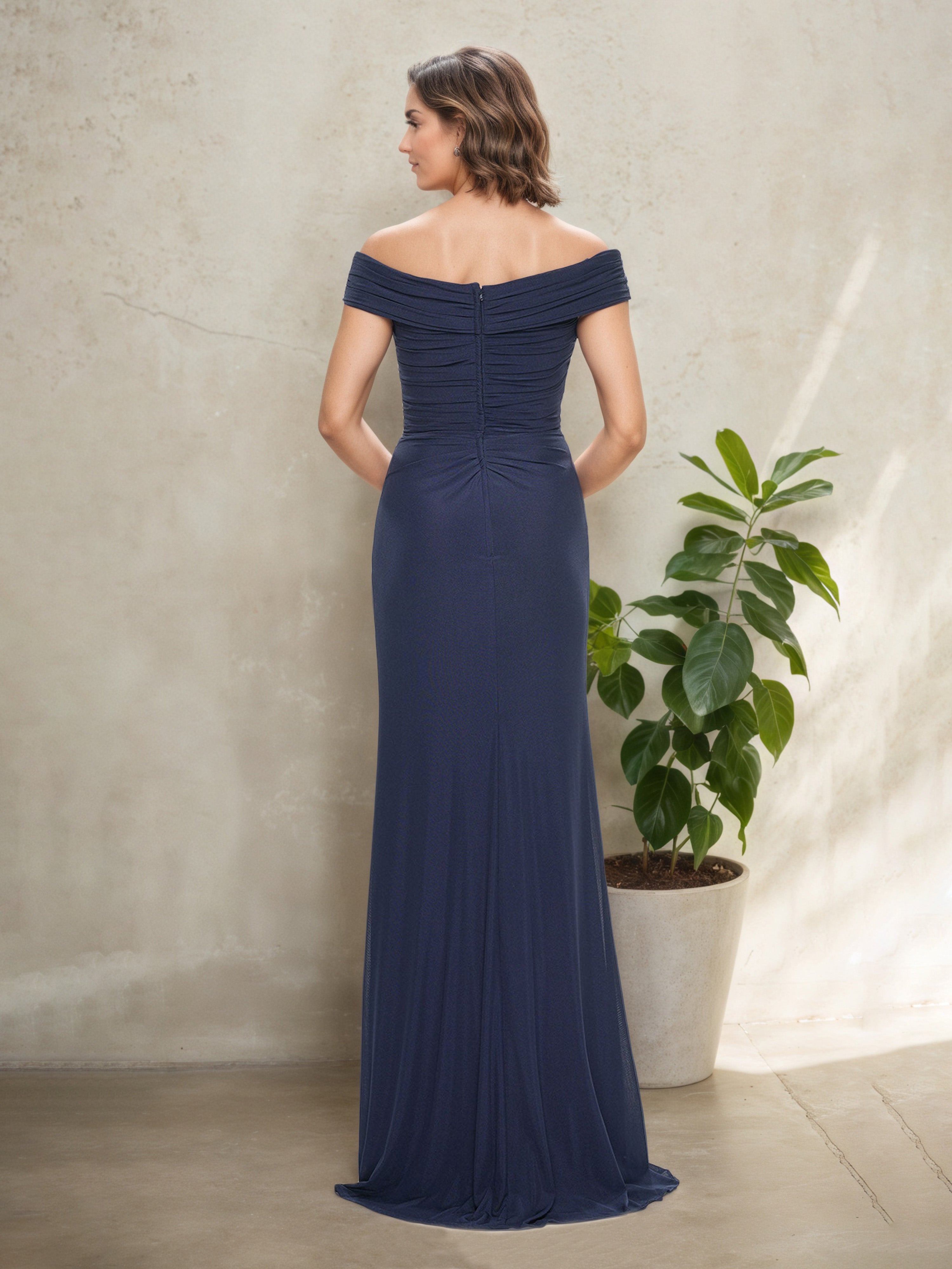Dark Navy Off-the-Shoulder Floor-Length Elegant Mother of the Bride Dress