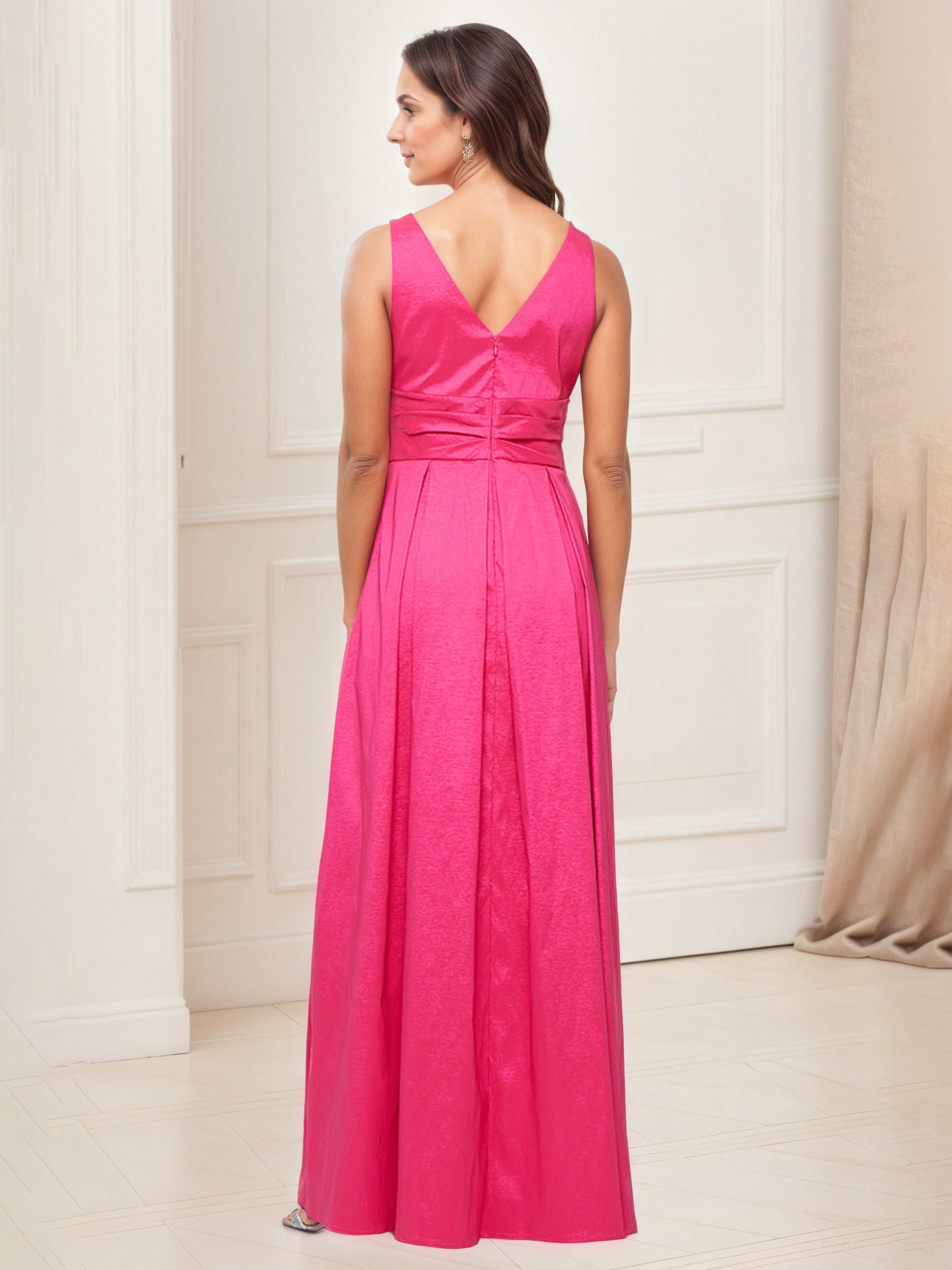 Fuchsia A-Line V-Neck Sleeveless Mother of the Bride Dress with Pockets