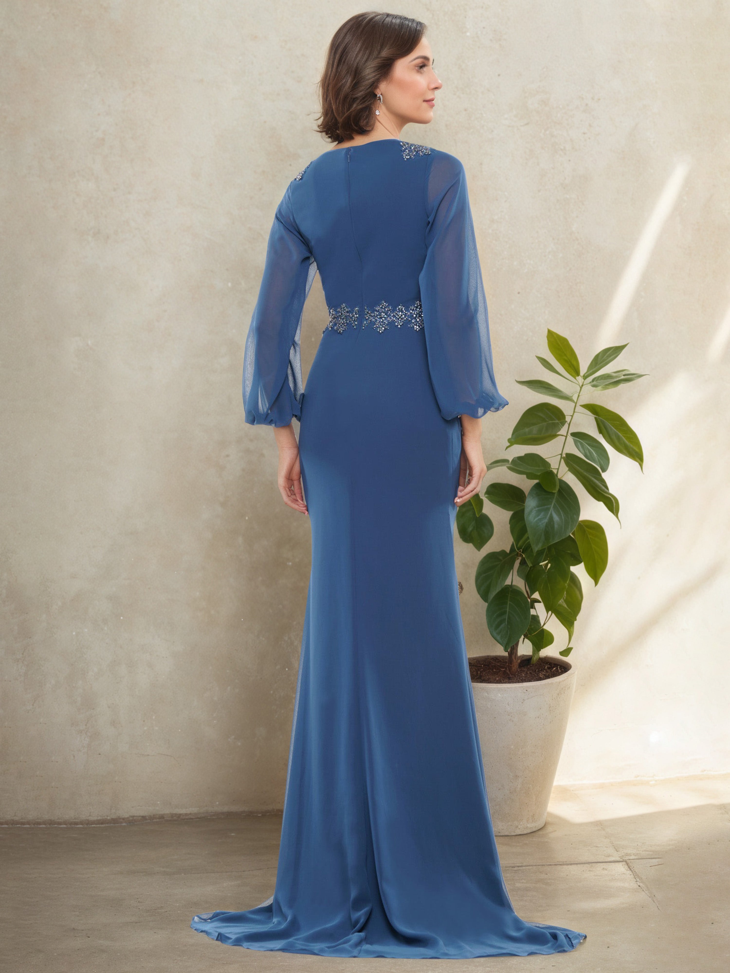 Wedgewood V-Neck Mother of the Bride Dress with Lantern Sleeves Pleated Design and Beaded Details