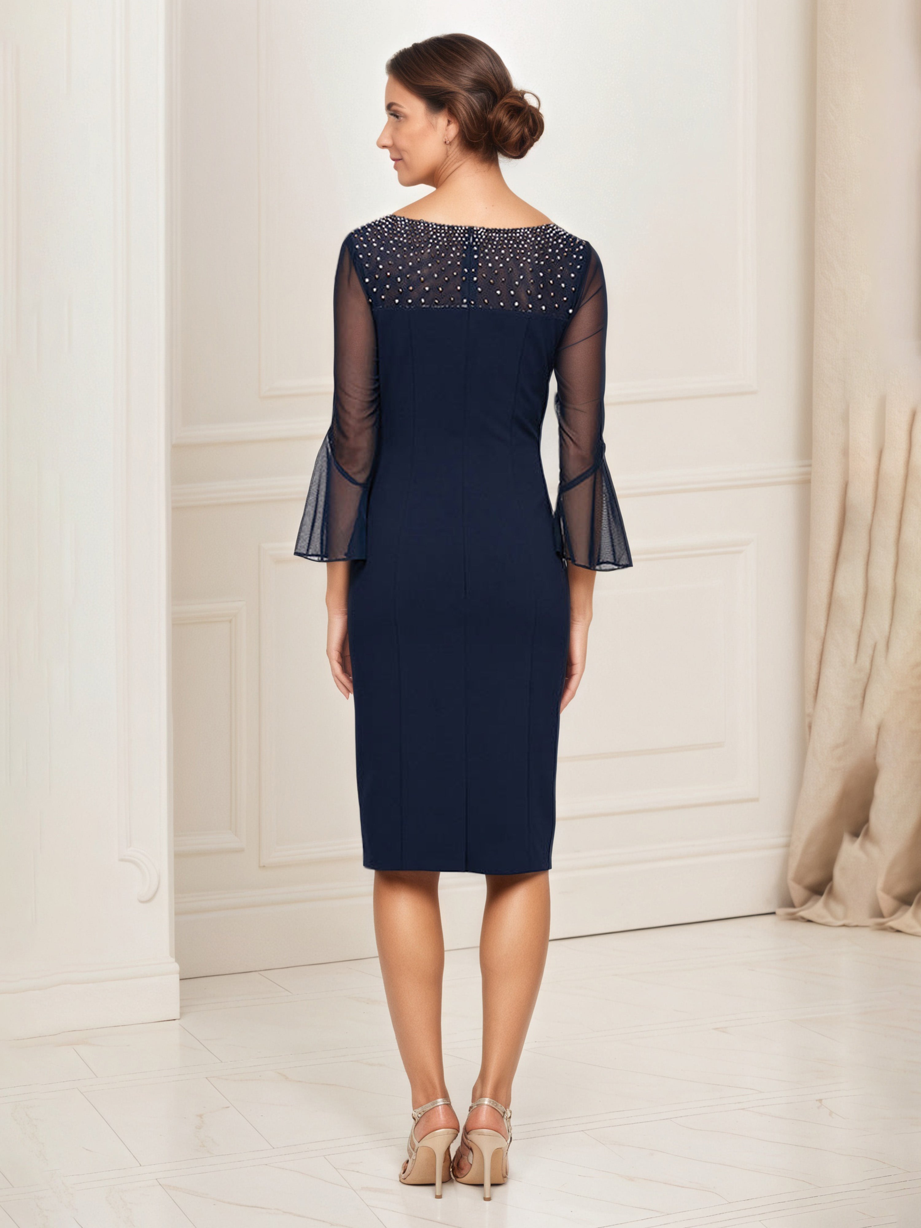 Dark Navy Sheath Midi Mother of the Bride Dress with Beaded Neckline and Illusion Sleeves