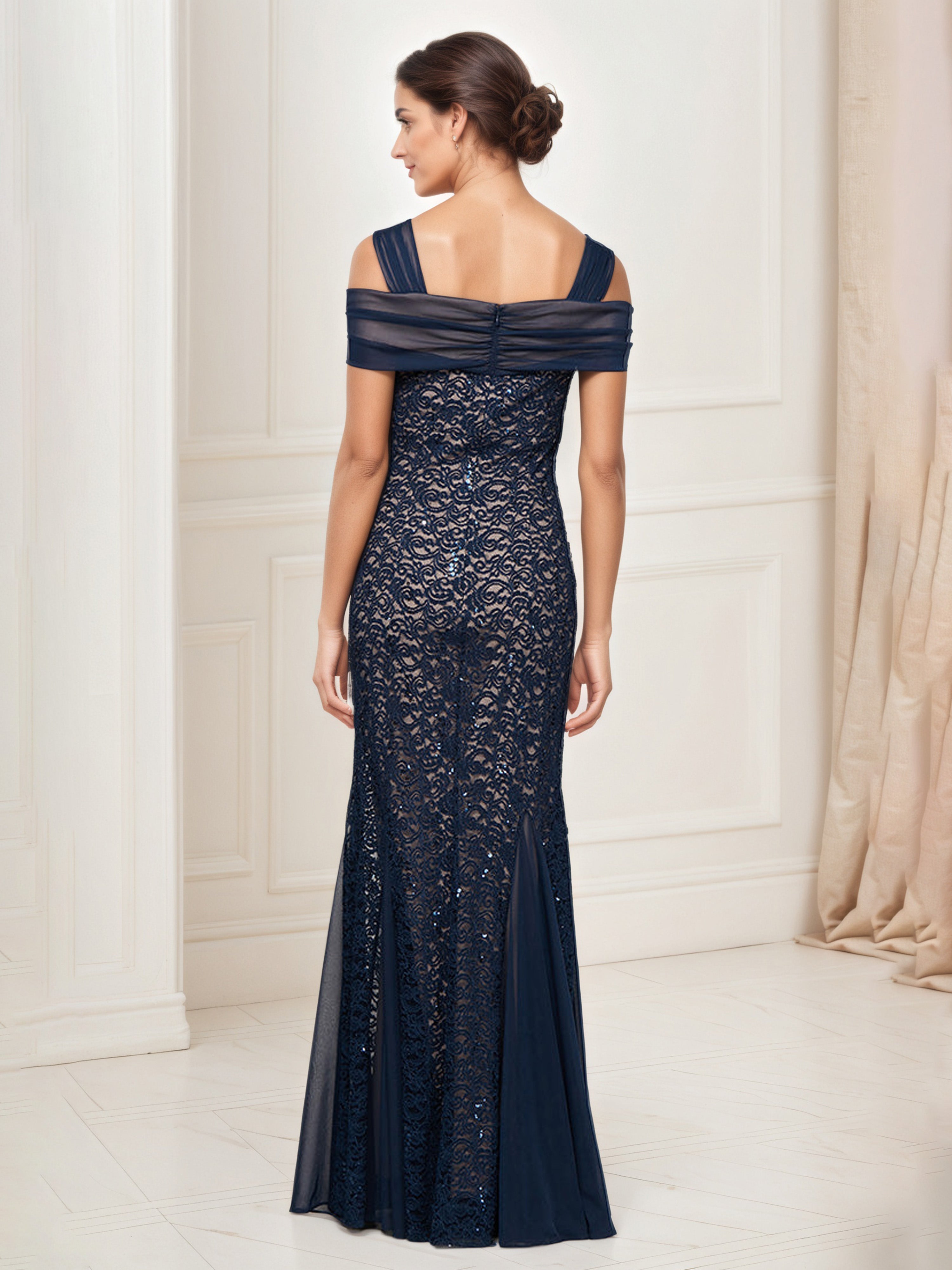 Dark Navy Sheath Cold Shoulder Lace Long Mother Of The Bride Dress