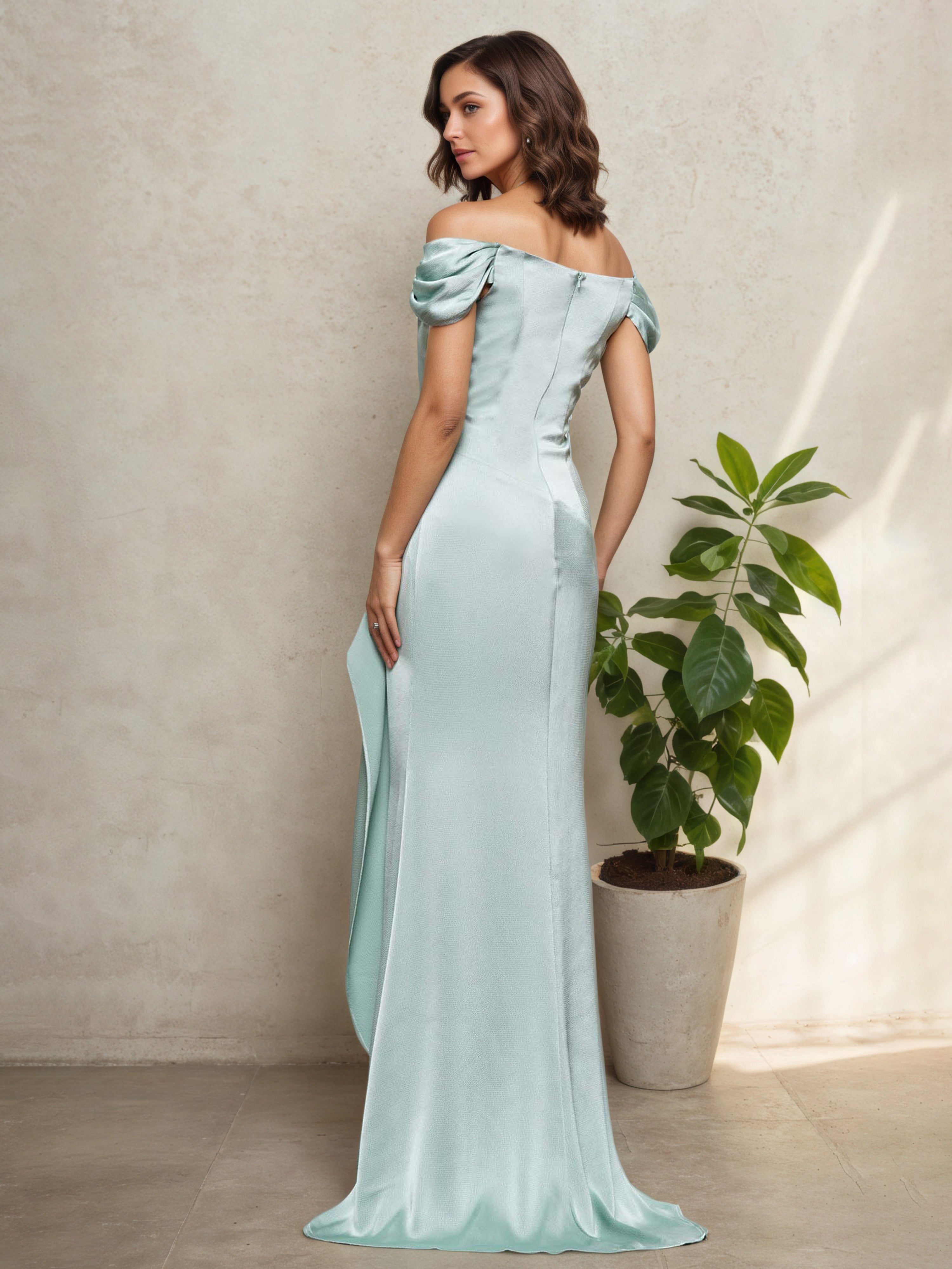 Celadon Off-the-Shoulder Strapless Sheath Mother of the Bride Dress with Beaded Details