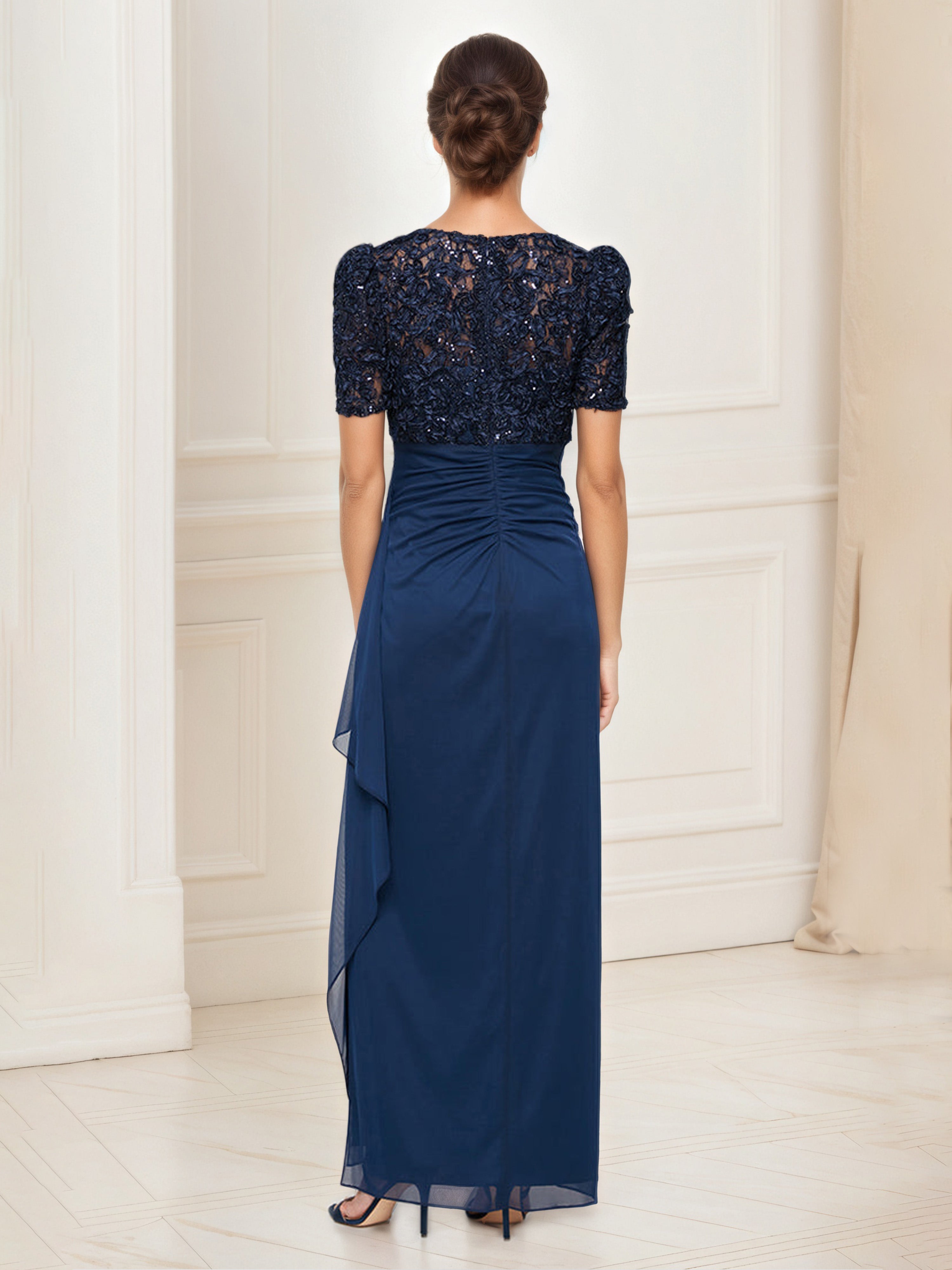 Dark Navy V-Neck Empire Waist Mother of the Bride Dress with Lace Top and Short Sleeves