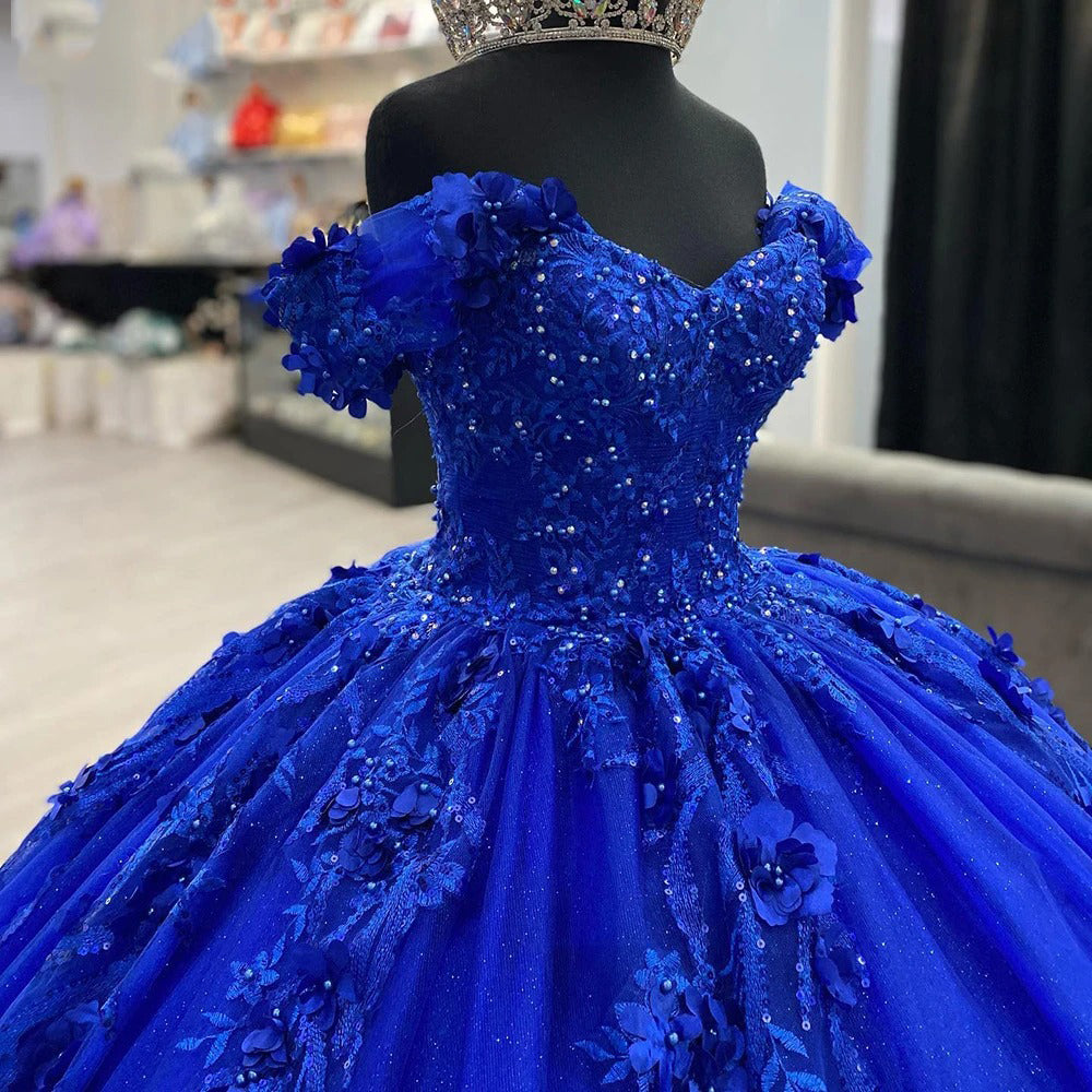Elegant Ball Gown Off Shoulder Flowers Lace Appliques Beaded Royal Blue Tulle Quinceanera Dress Princess Prom Dresses Gown for Sweet 16