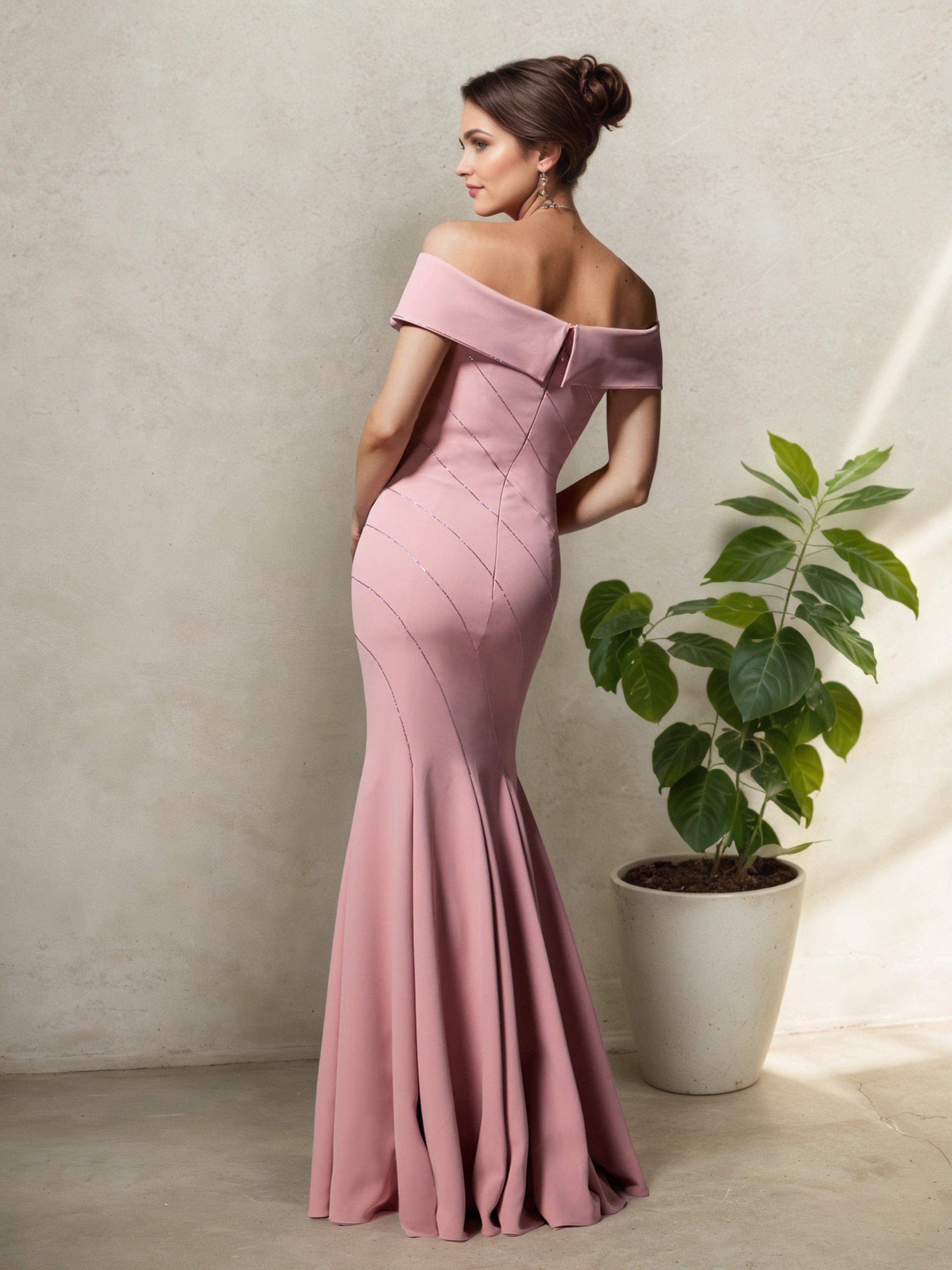 Elegant Off-the-Shoulder Mother of the Bride Dress with Illusion Flower Pleated Design