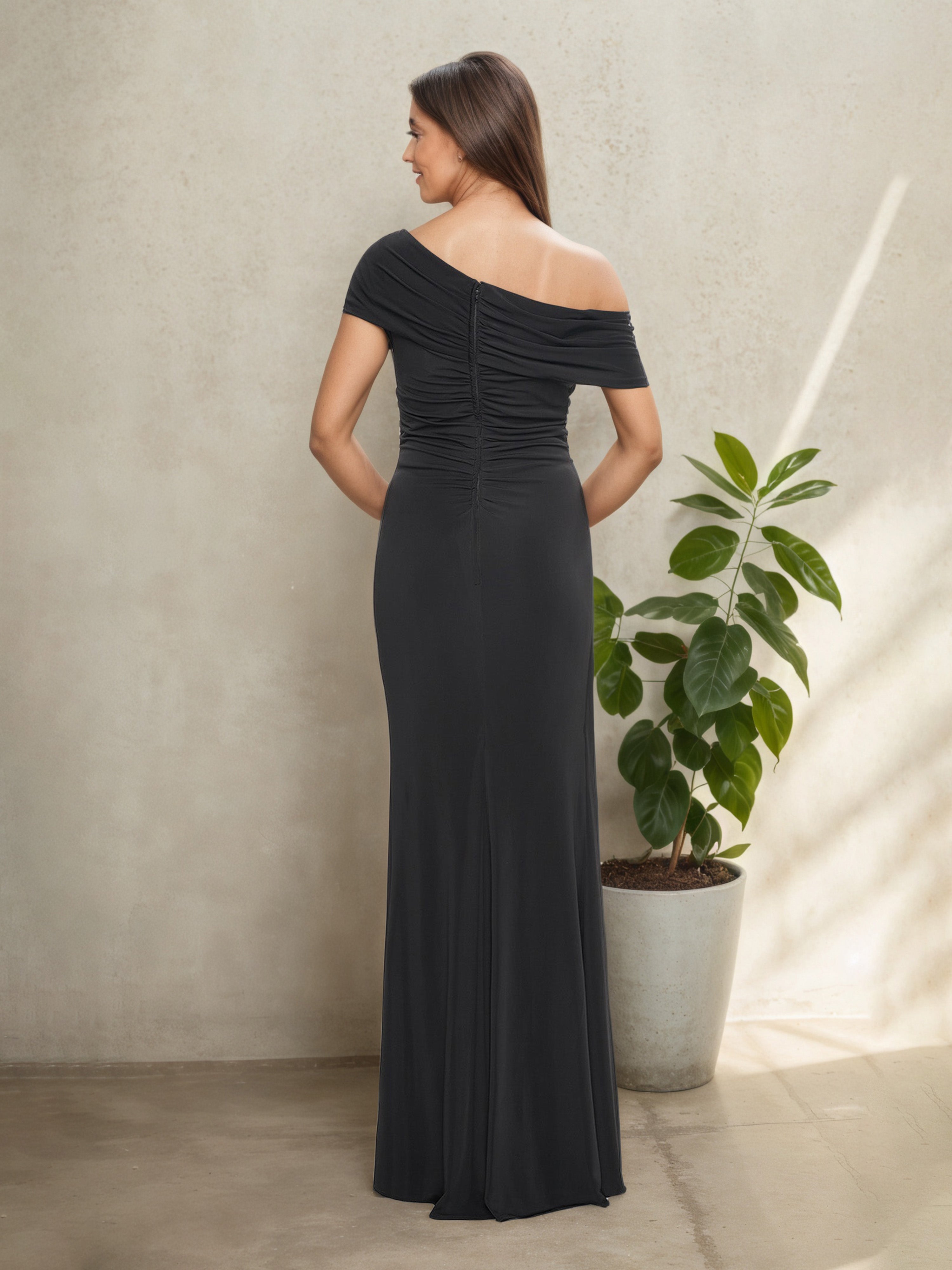 Gunmetal One-Shoulder Sheath/Column Mother of the Bride Dress with Pleated Design