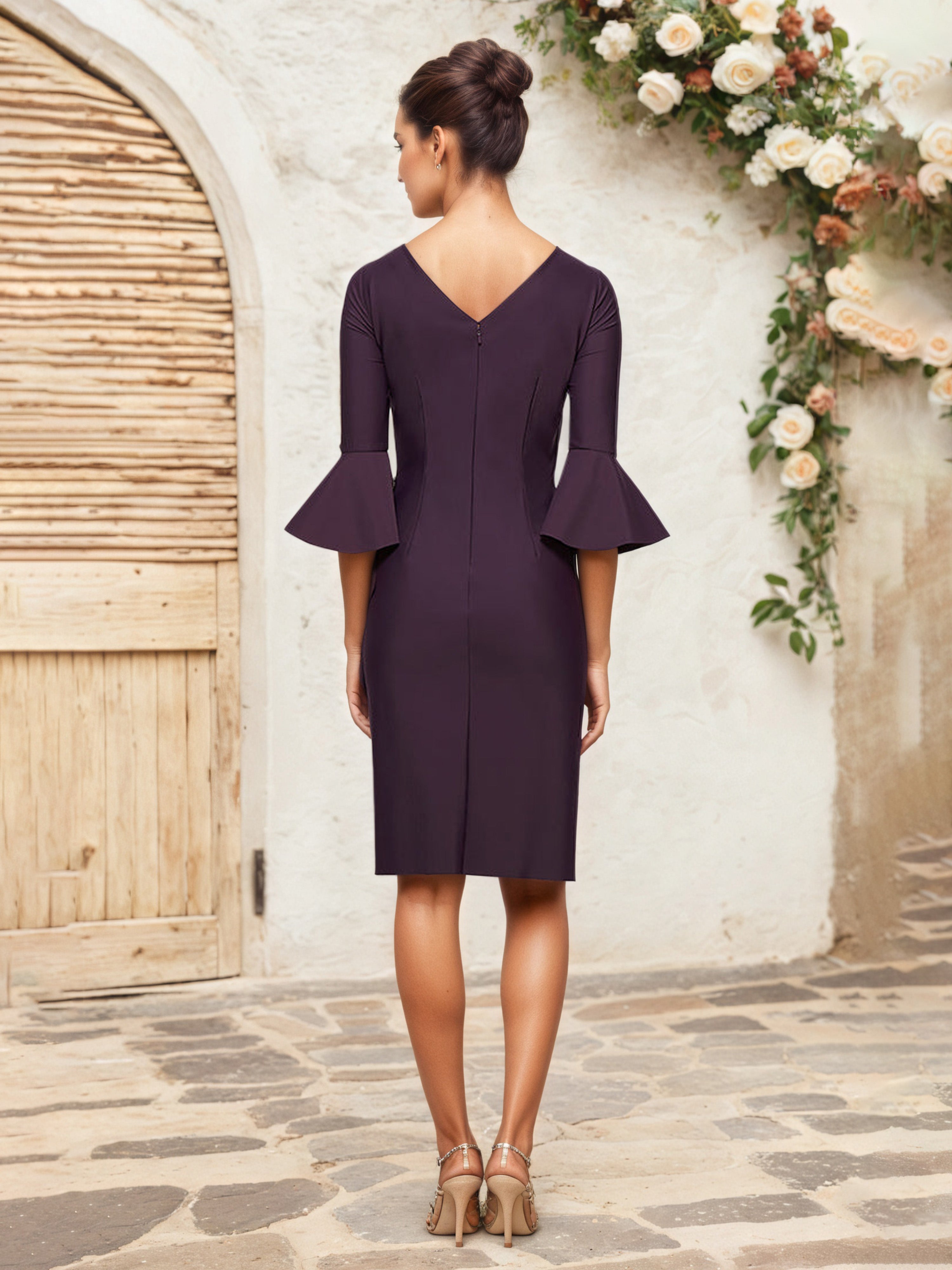 Aubergine Sheath Knee-Length Mother of the Bride Dress with Bell Sleeves and Embellished Details