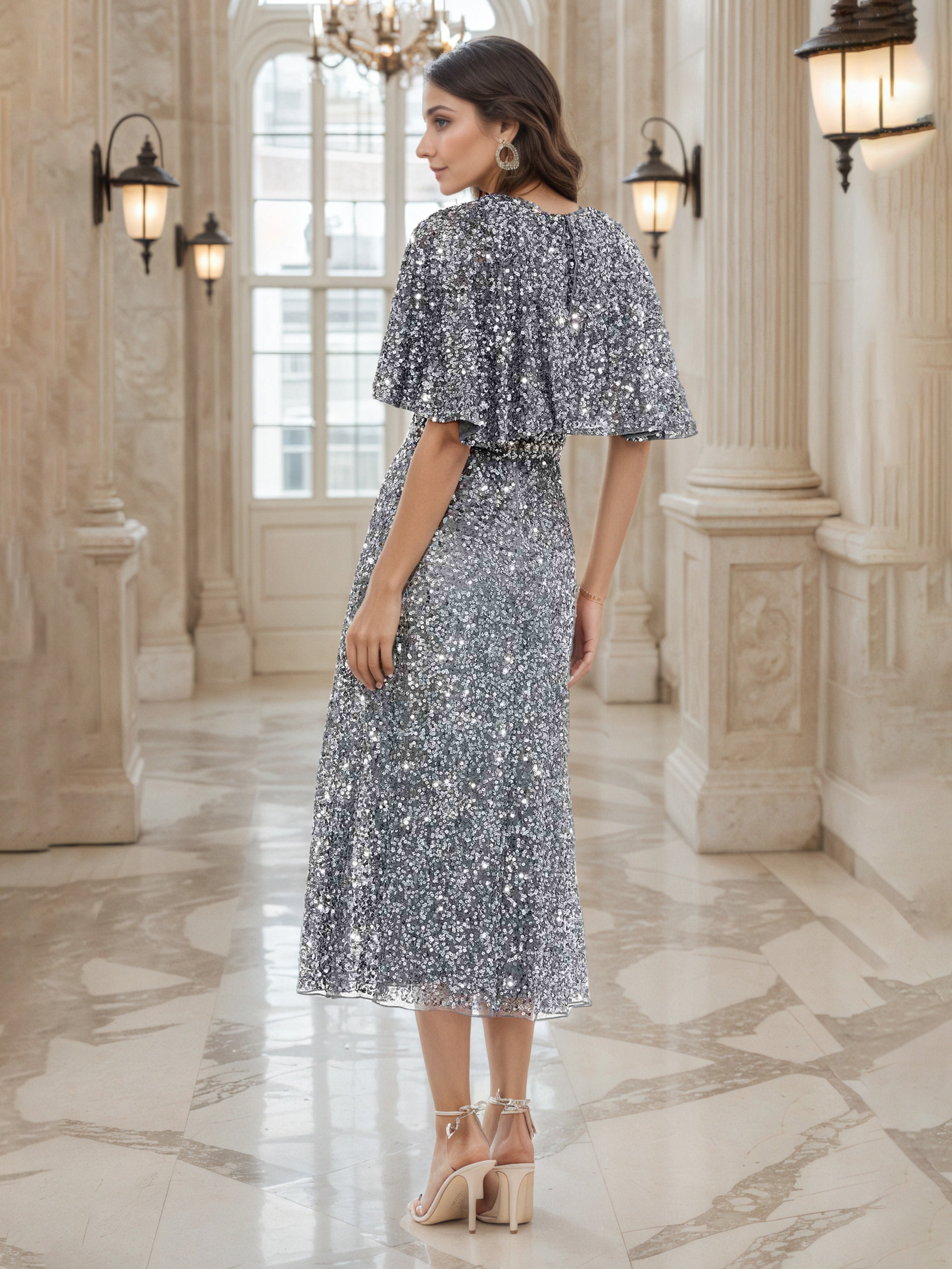 Silver A-Line Mother of the Bride Dress with an Embellished Waist and Sequin Accents