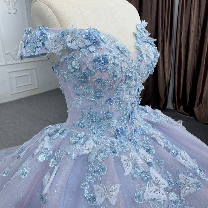 Chic & Modern Ball Gown Off Shoulder 3D Butterfly Lace Appliques Lace Up Lavender Tulle Quinceanera Dress for Sweet 16