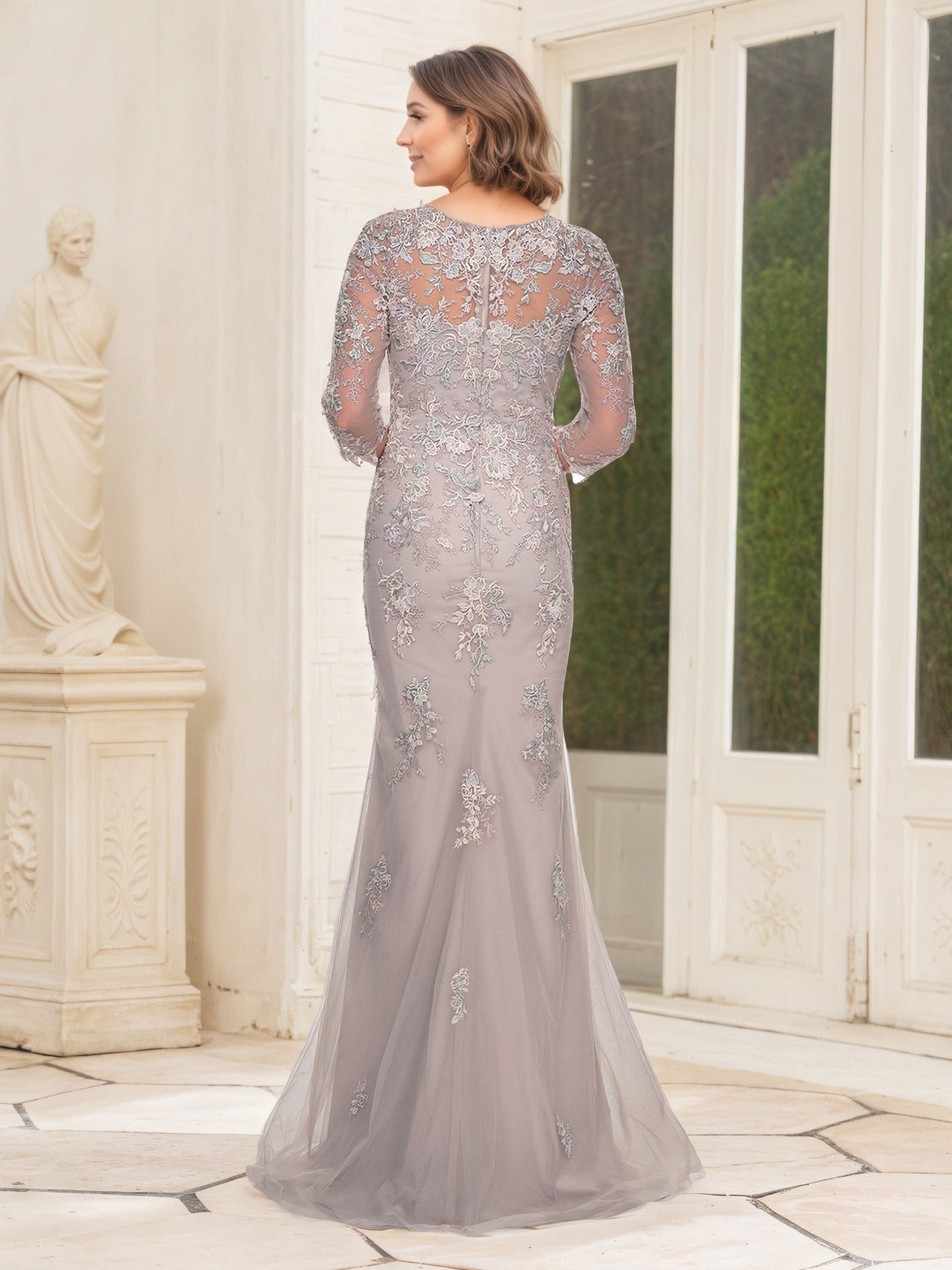 Illusion Lace Neckline Mother of the Bride Dress with 3/4 Sleeves