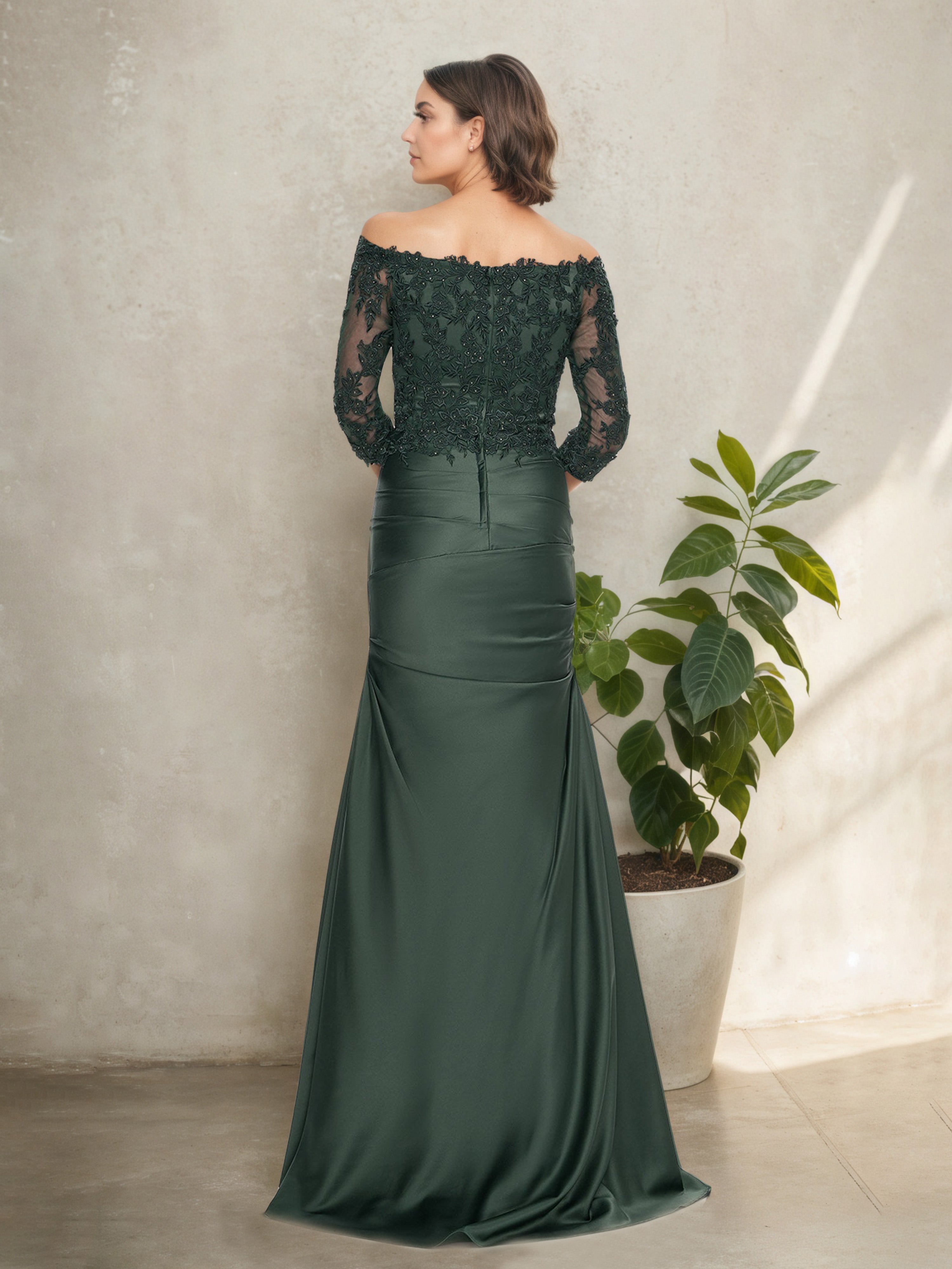 Dark Emerald Ruched Off-the-Shoulder Long Sleeve Mother of the Bride Dress