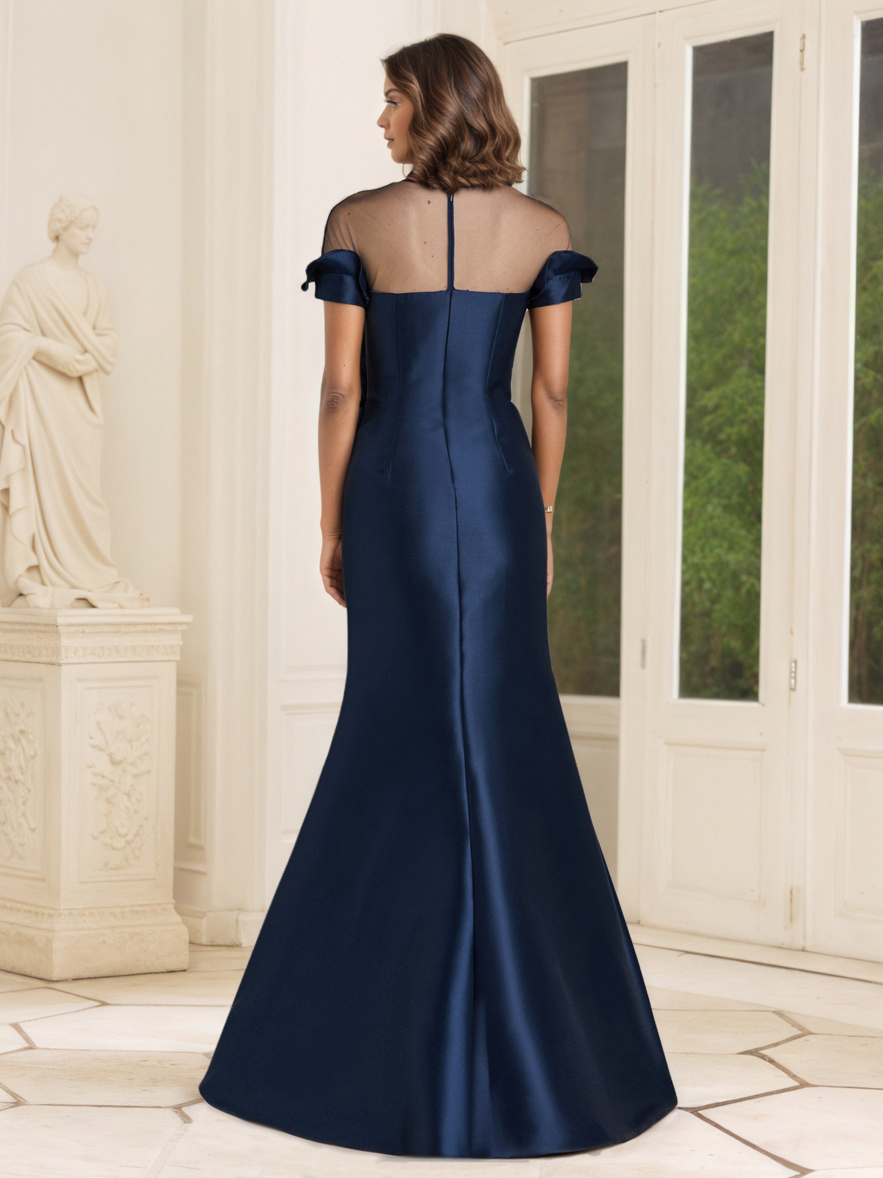 Dark Navy Sheath Mother of the Bride Dress with Sheer Neckline and Short Sleeves