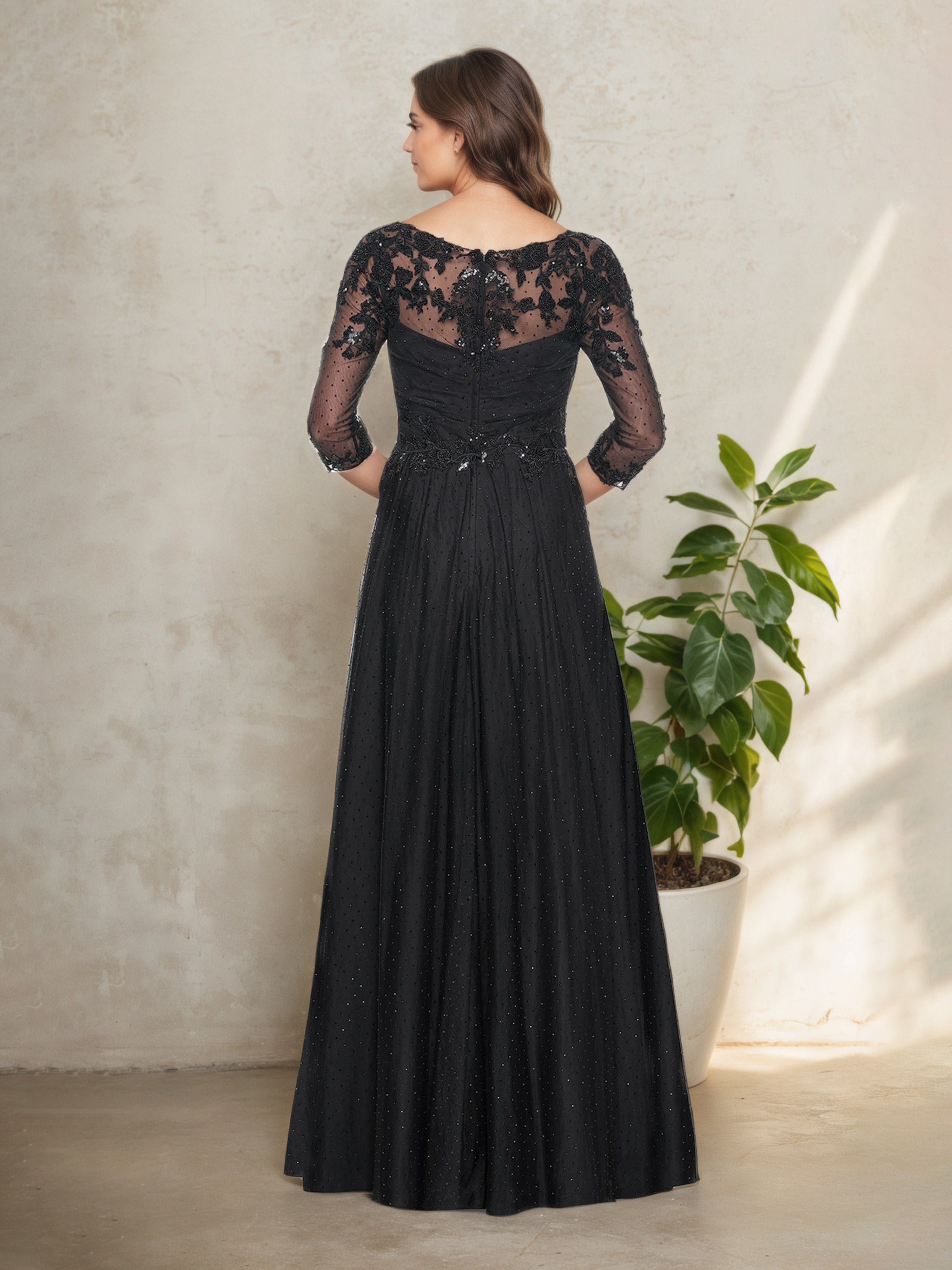 Black V-Neck Floor-Length A-Line Mother of the Bride Dress with 3/4 Sleeves