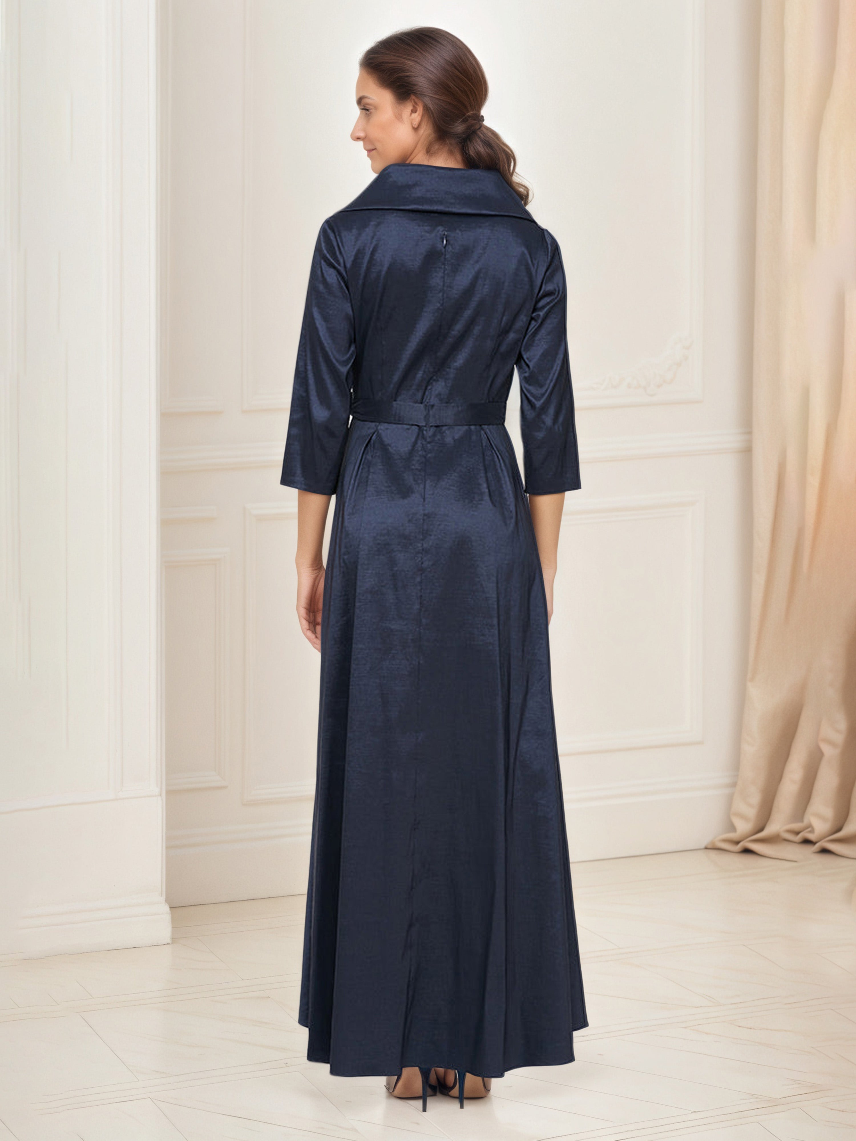 Dark Navy A-Line High-Low Mother of the Bride Dress with 3/4 Sleeves and Tie Belt