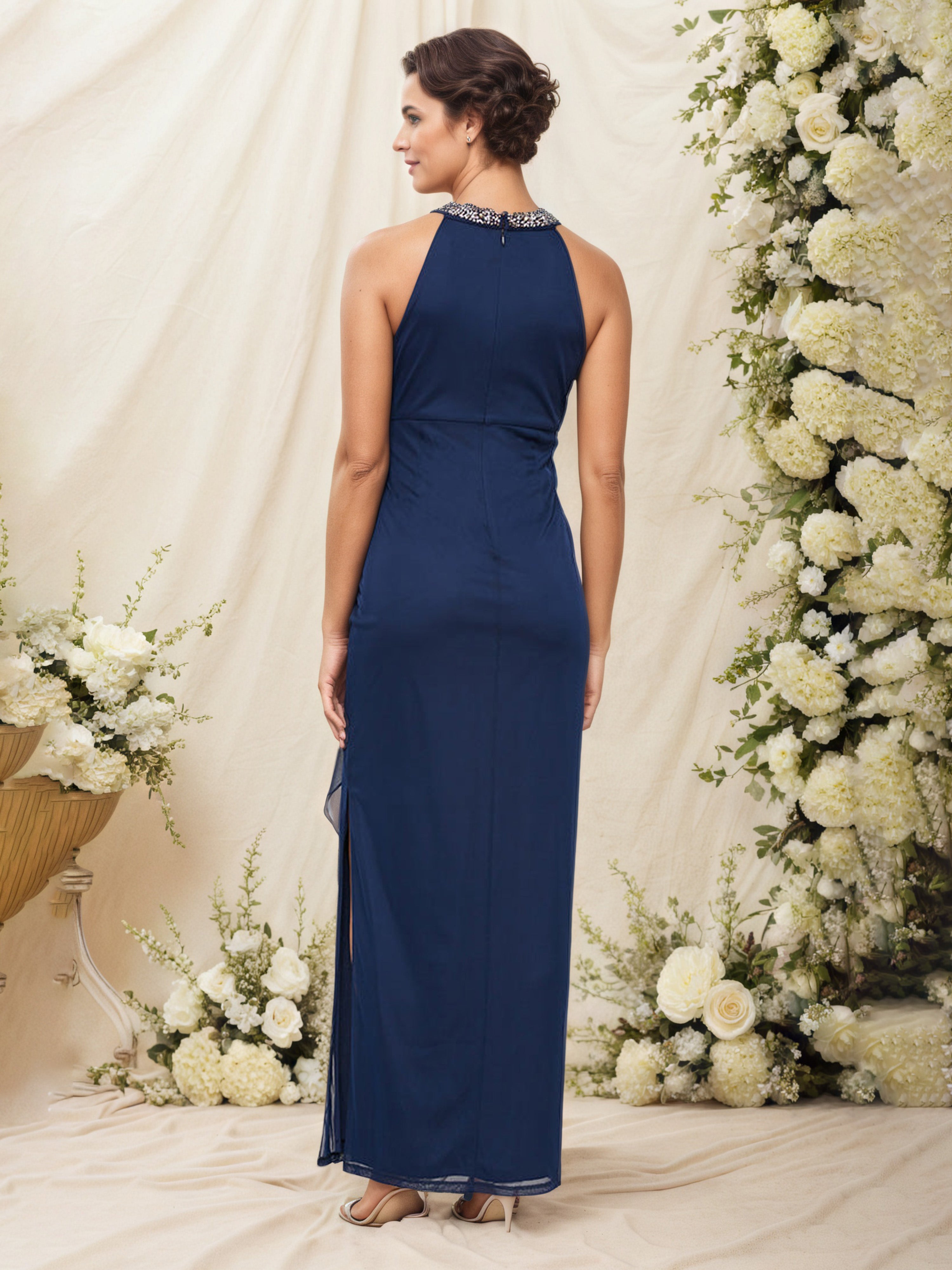 Dark Navy Halter Neckline Sleeveless Maxi Chiffon Mother of the Bride Dress with Embellished Details
