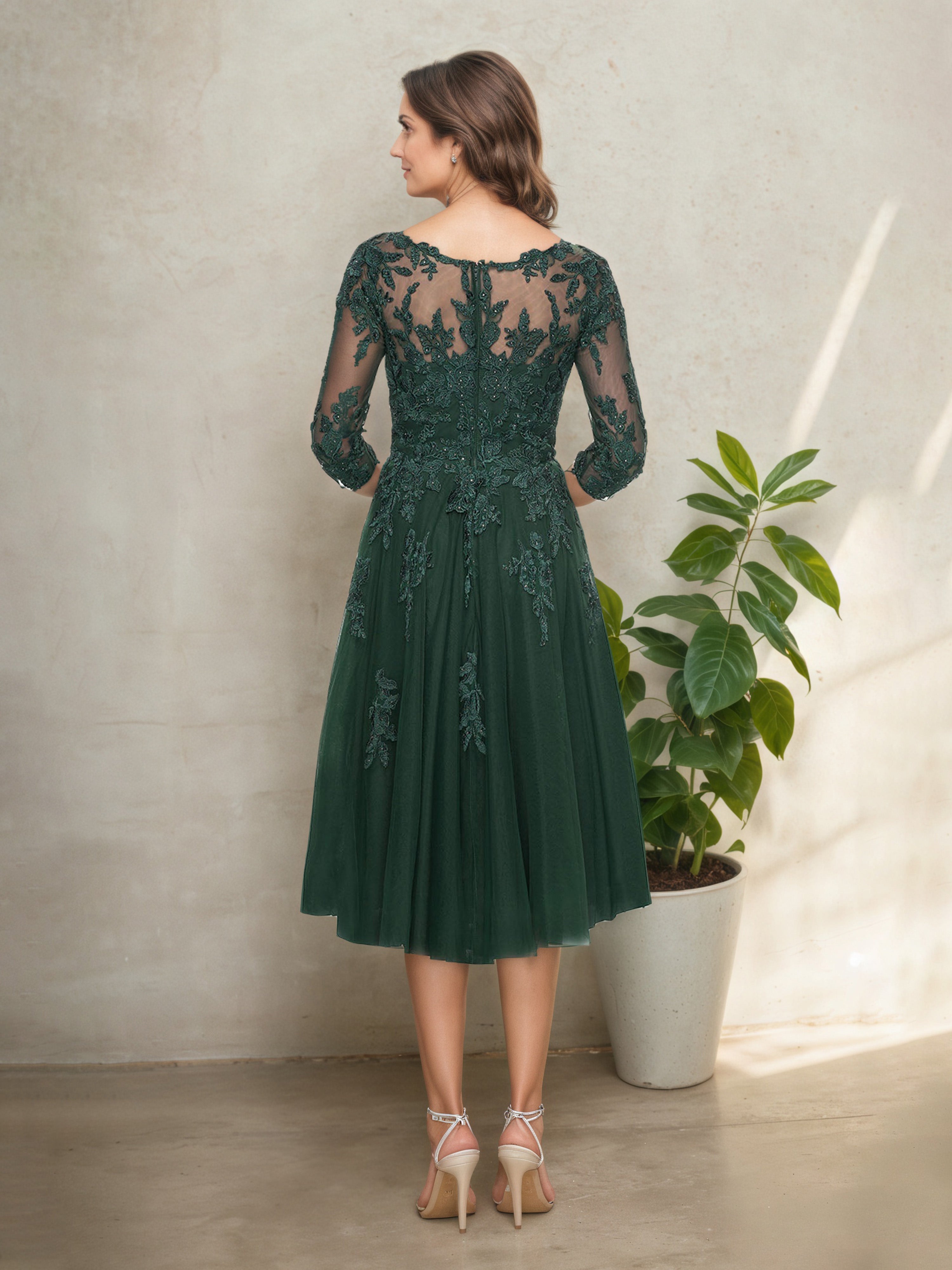 Dark_Green V-Neck Lace Bodice 3/4 Sleeve Mother of the Bride Dress