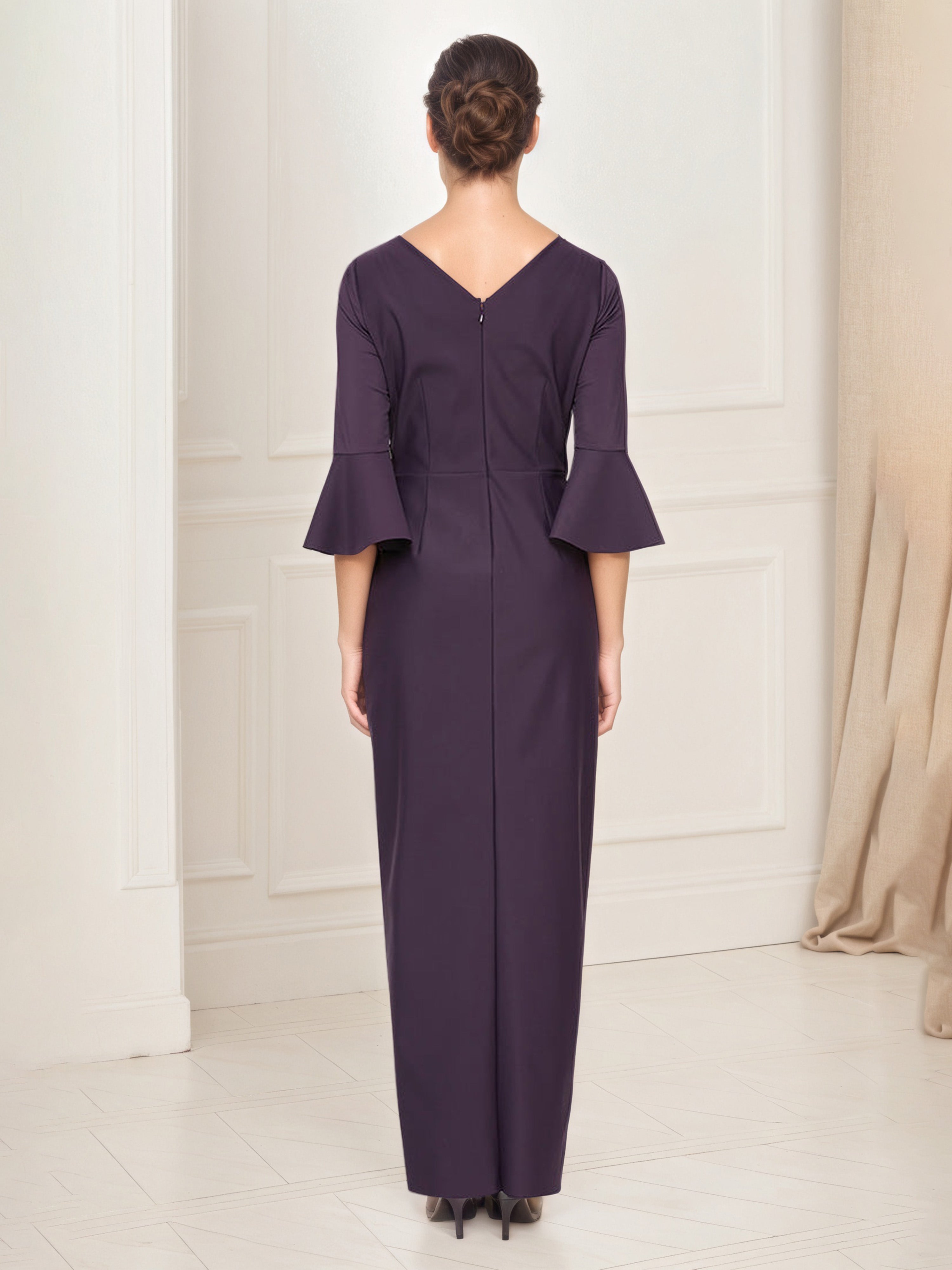 ChatGPT said: Aubergine Long Sheath Mother of the Bride Dress with Bell Sleeves Ruffled Details and Embellished Waist
