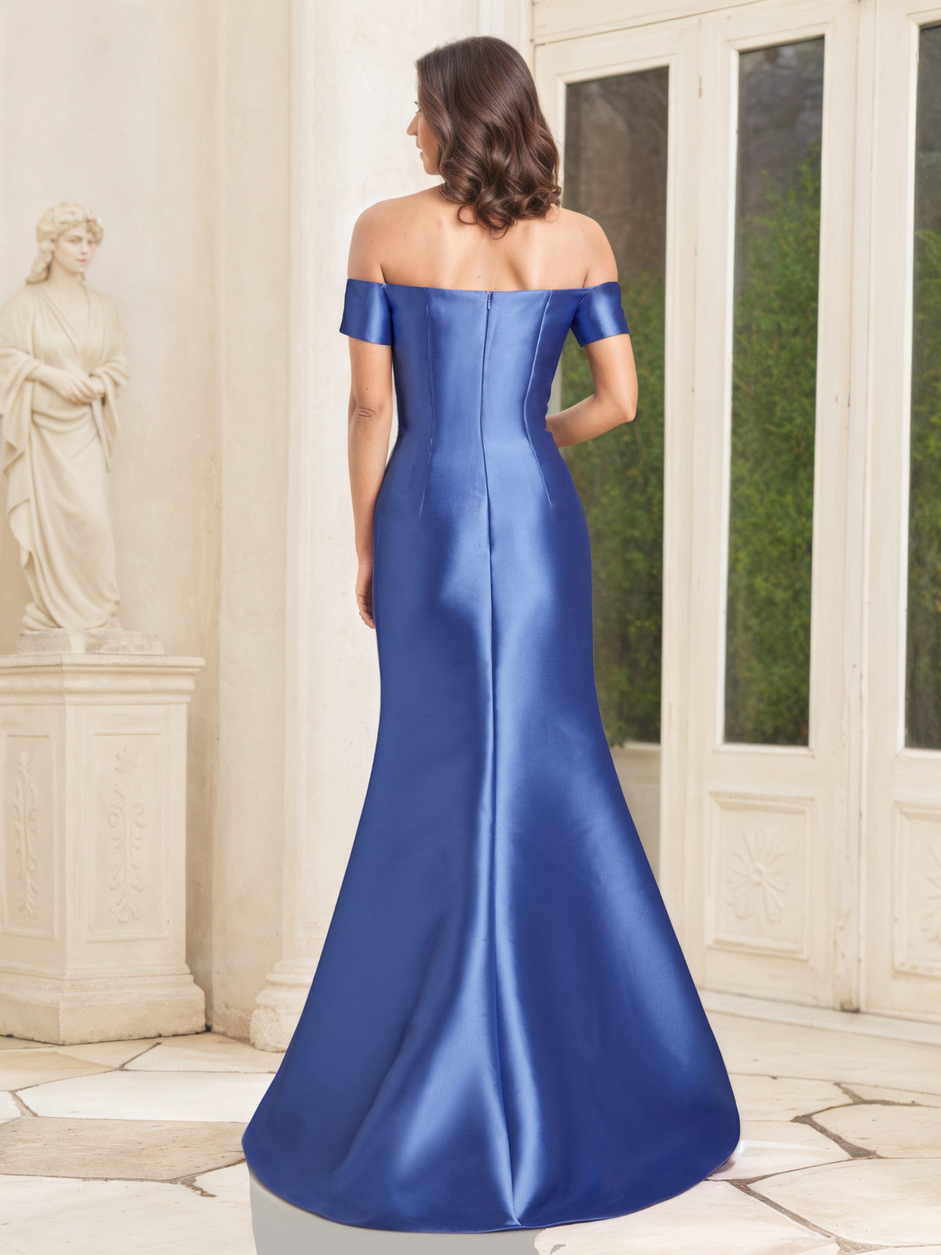Blue Off-the-Shoulder Mother of the Bride Dress with Satin Ruffled Bodice and Front Split