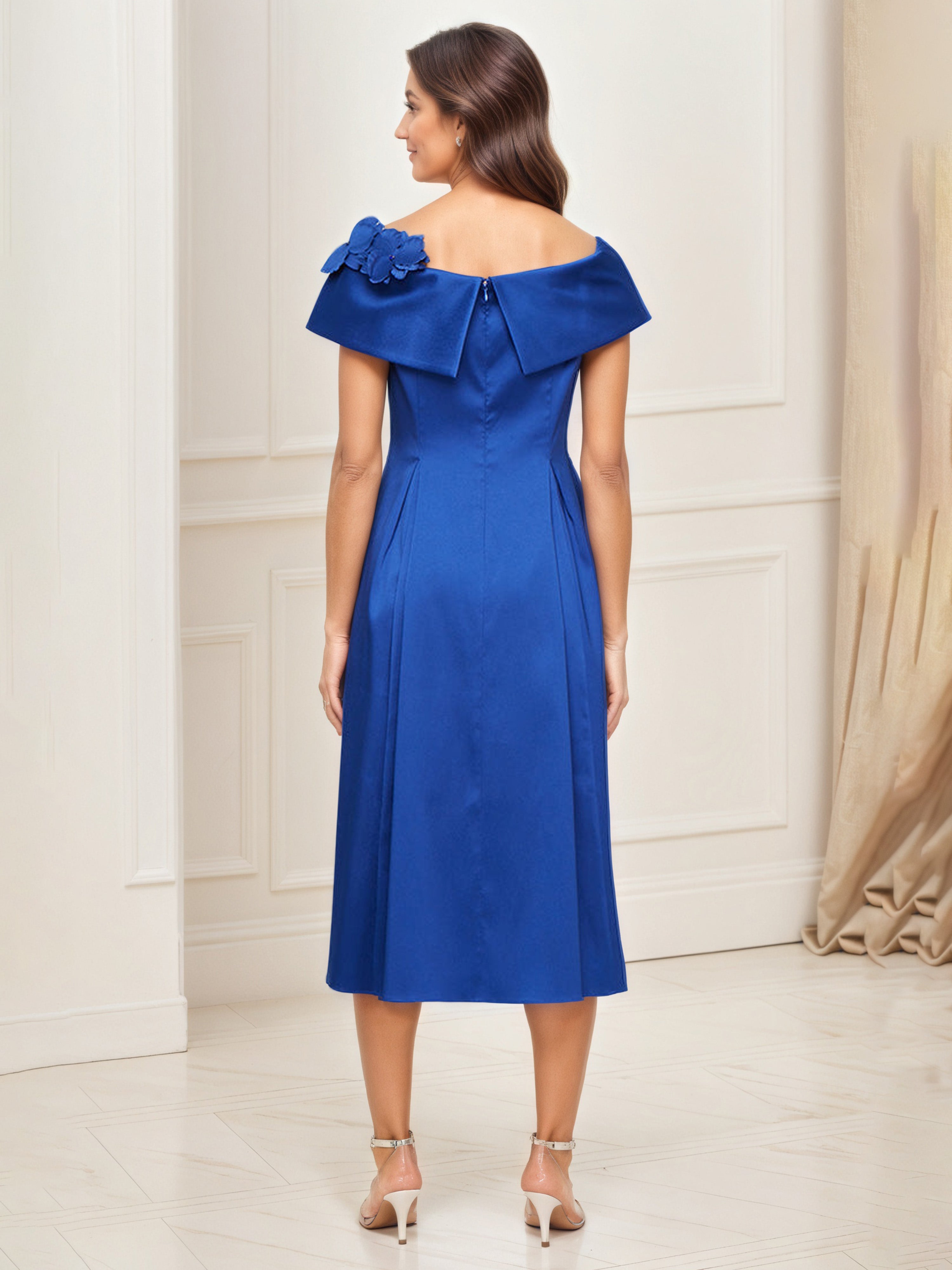 Royal Blue Formal A-Line Satin Mother of the Bride Dress with 3D Flower Details