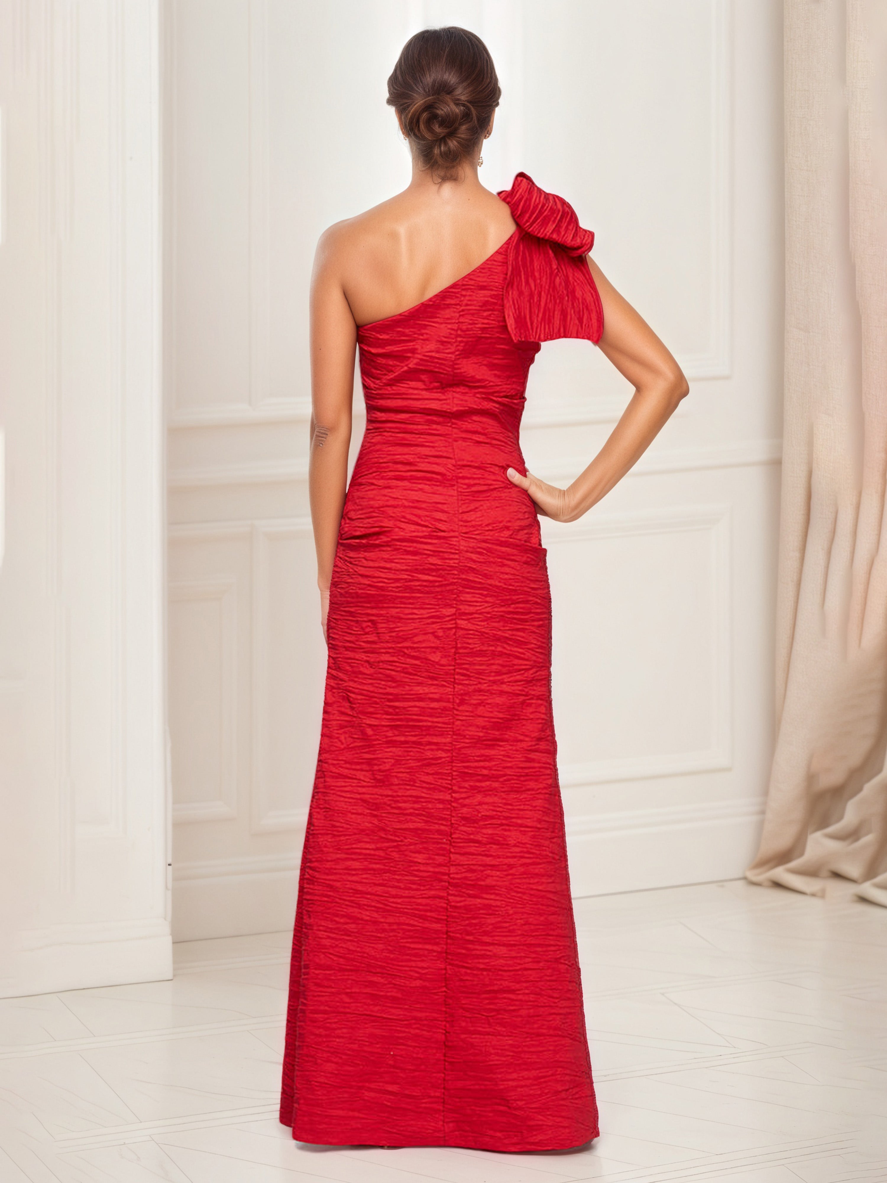 Red One-Shoulder Sheath Mother of the Bride Dress with Bow Detail