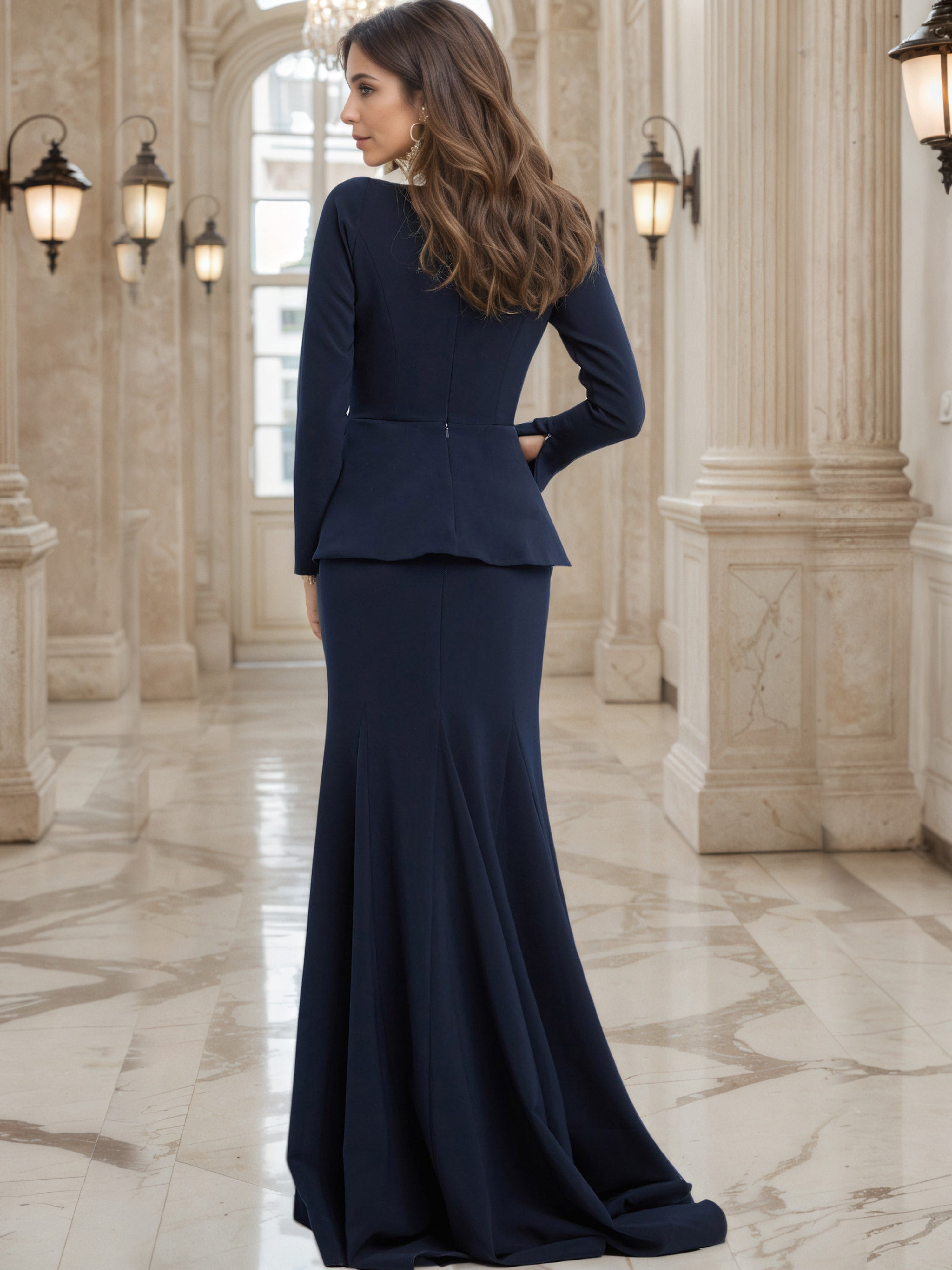 Dark Navy Mother of the Bride Dress with a Ruffled Bodice and Long Sleeves