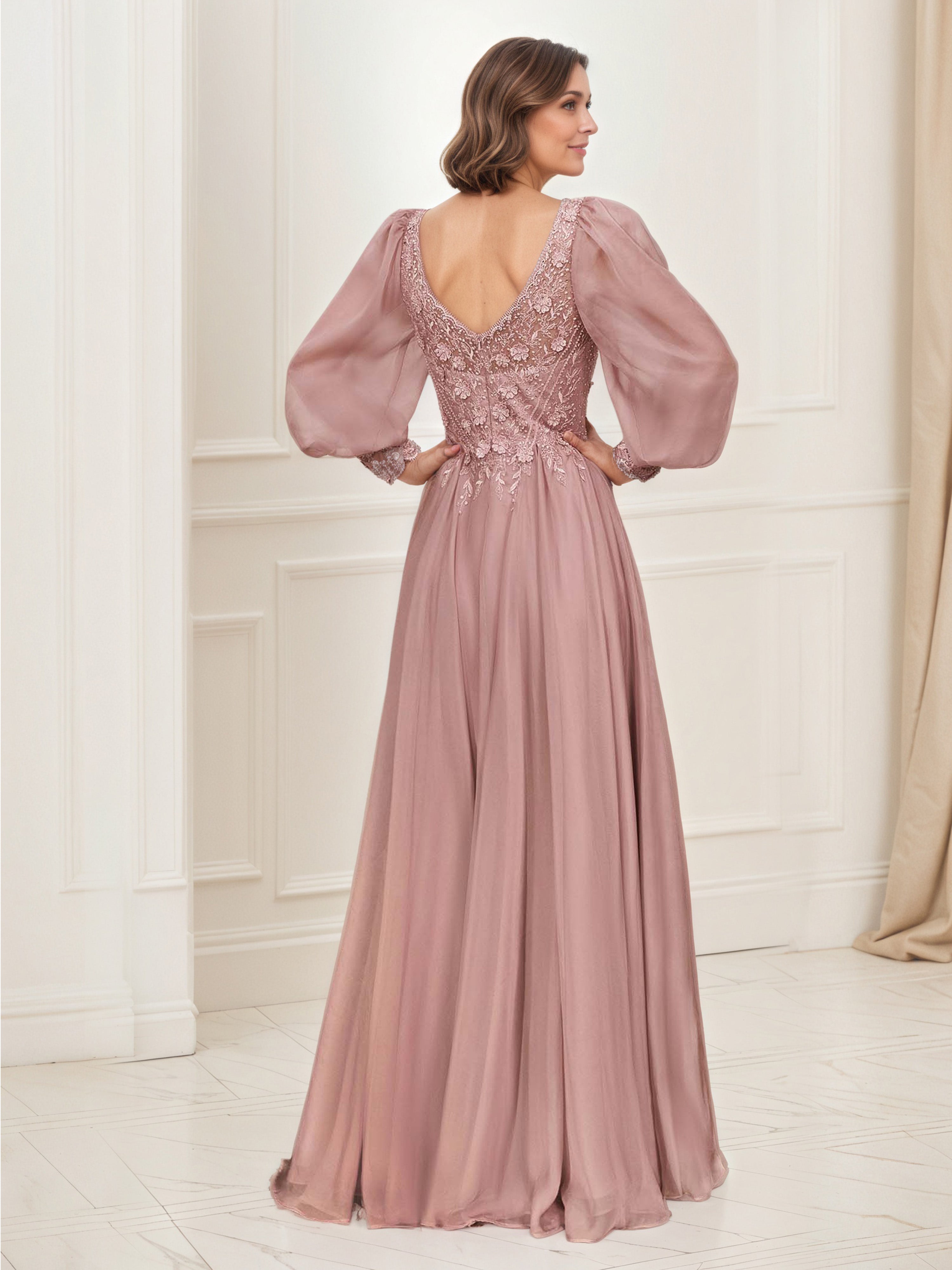 Vintage Mauve Chiffon Mother of the Bride Dress with Lace Appliques, Long Sleeves and a V-Neckline